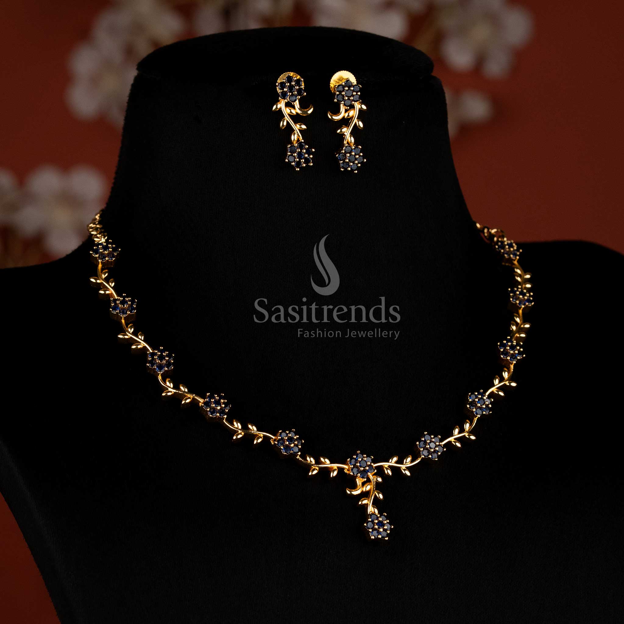 American Diamond Floral Vine Necklace Jewellery Set with Micro Gold Plating For Grand Parties - Sasitrends - Image 25