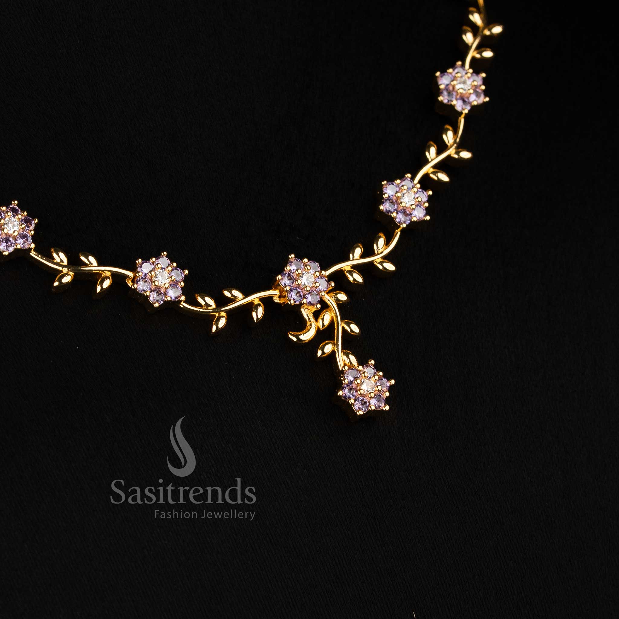 American Diamond Floral Vine Necklace Jewellery Set with Micro Gold Plating For Grand Parties - Sasitrends - Image 27