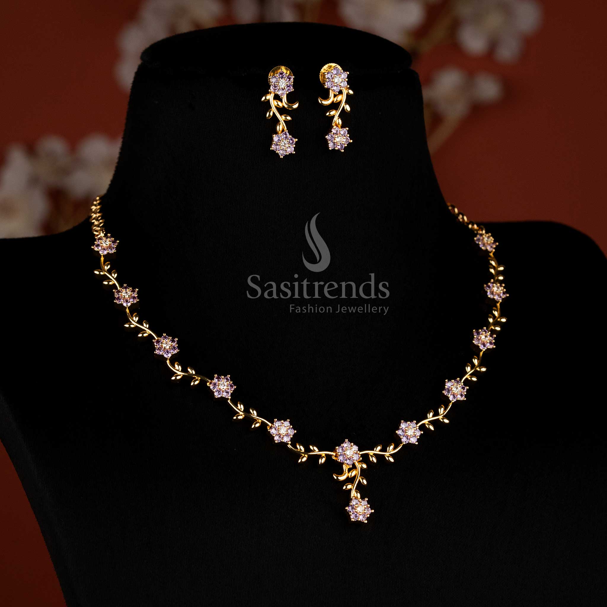 American Diamond Floral Vine Necklace Jewellery Set with Micro Gold Plating For Grand Parties - Sasitrends - Image 28