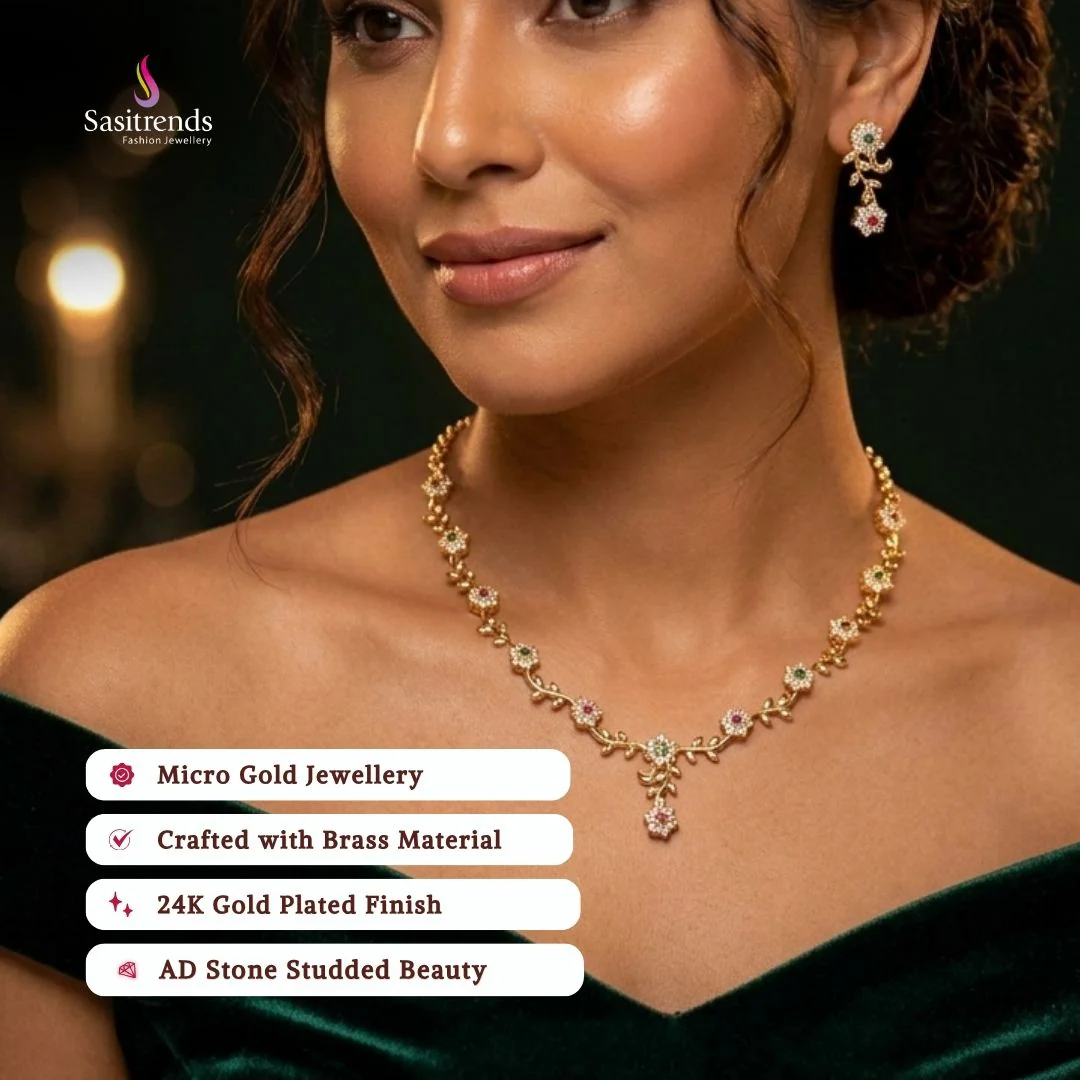 American Diamond Floral Vine Necklace Jewellery Set with Micro Gold Plating For Grand Parties - Sasitrends - Image 3