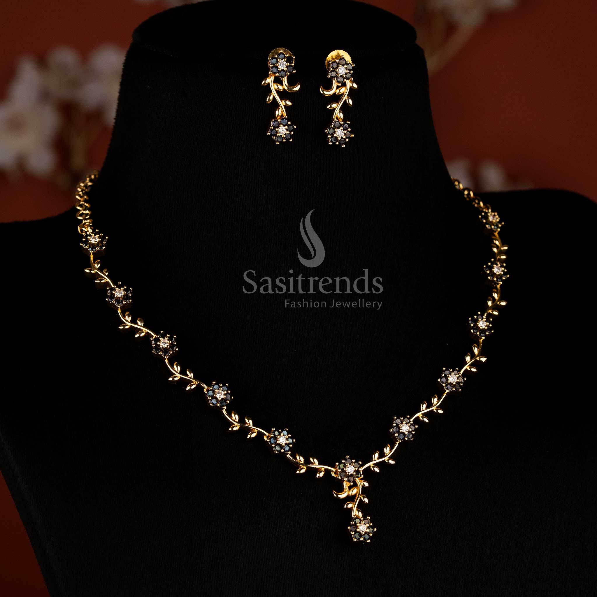 American Diamond Floral Vine Necklace Jewellery Set with Micro Gold Plating For Grand Parties - Sasitrends - Image 31