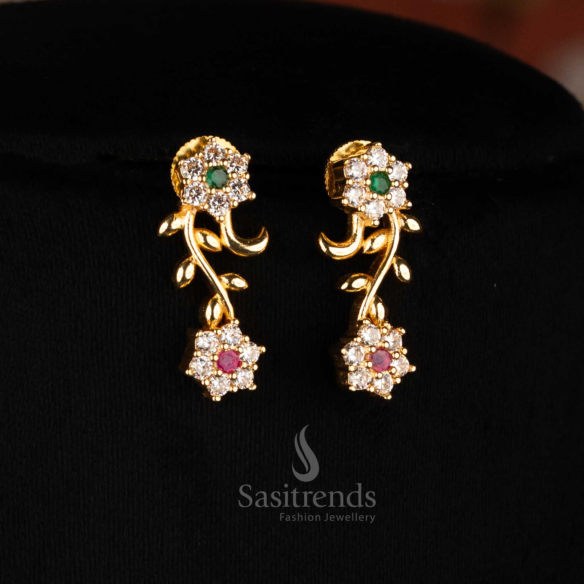 American Diamond Floral Vine Necklace Jewellery Set with Micro Gold Plating For Grand Parties - Sasitrends - Image 32