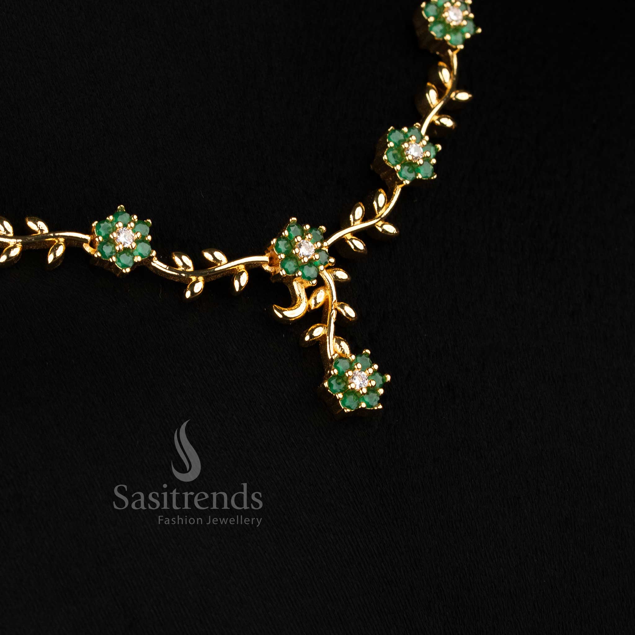 American Diamond Floral Vine Necklace Jewellery Set with Micro Gold Plating For Grand Parties - Sasitrends - Image 33