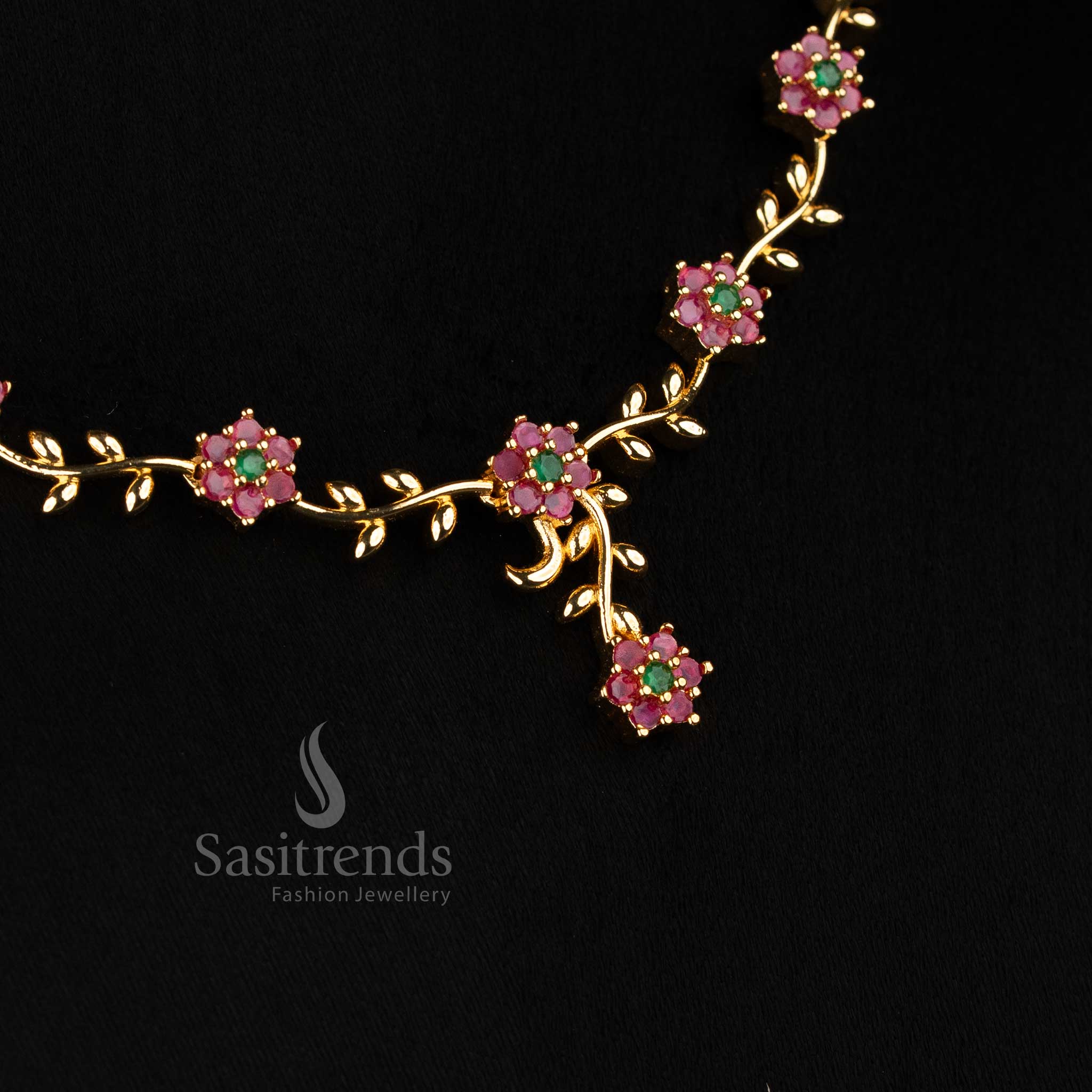 American Diamond Floral Vine Necklace Jewellery Set with Micro Gold Plating For Grand Parties - Sasitrends - Image 38