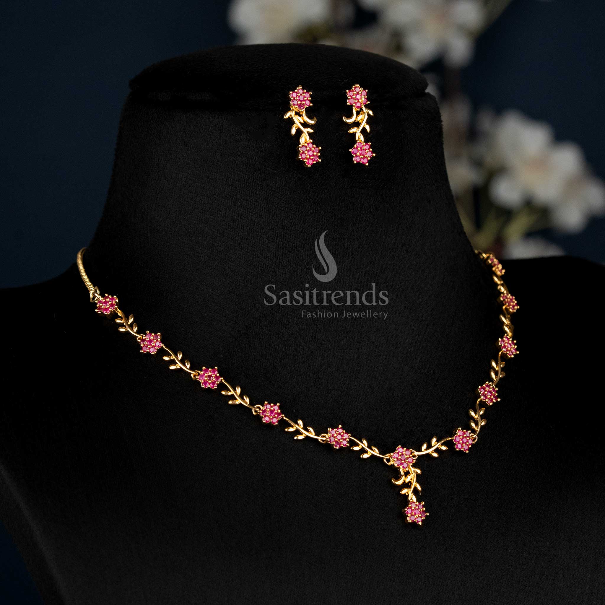American Diamond Floral Vine Necklace Jewellery Set with Micro Gold Plating For Grand Parties - Sasitrends - Image 4