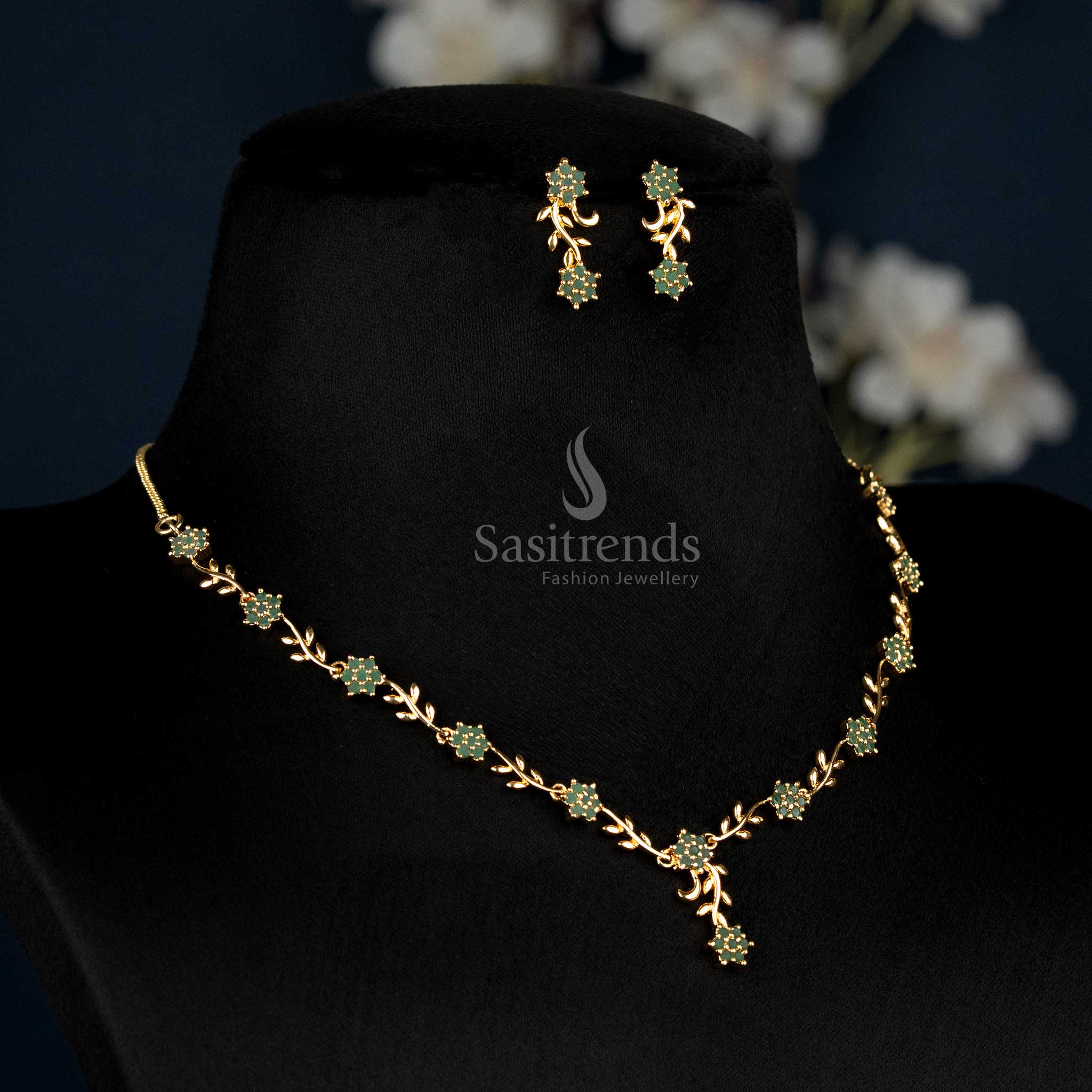 American Diamond Floral Vine Necklace Jewellery Set with Micro Gold Plating For Grand Parties - Sasitrends - Image 5