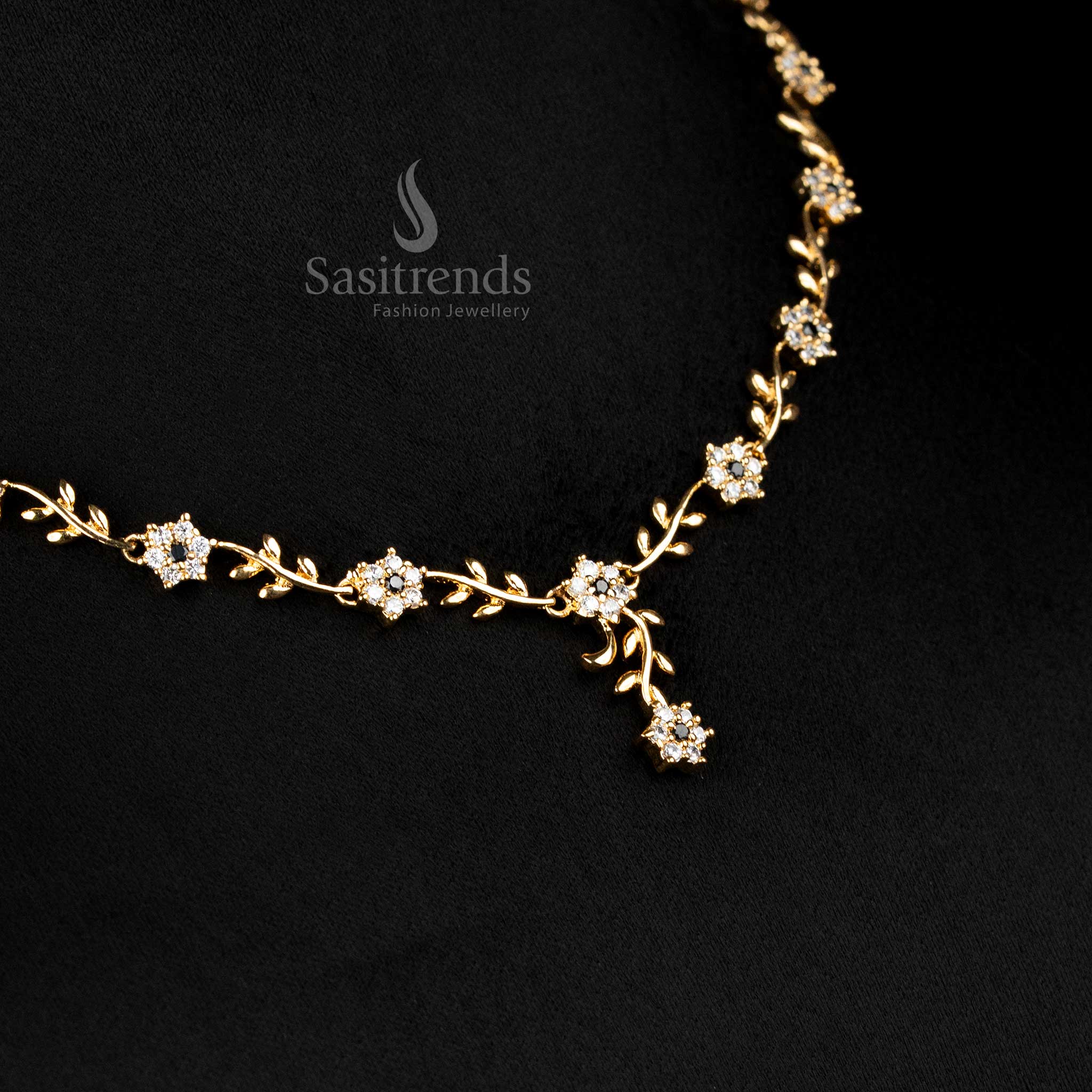American Diamond Floral Vine Necklace Jewellery Set with Micro Gold Plating For Grand Parties - Sasitrends - Image 9