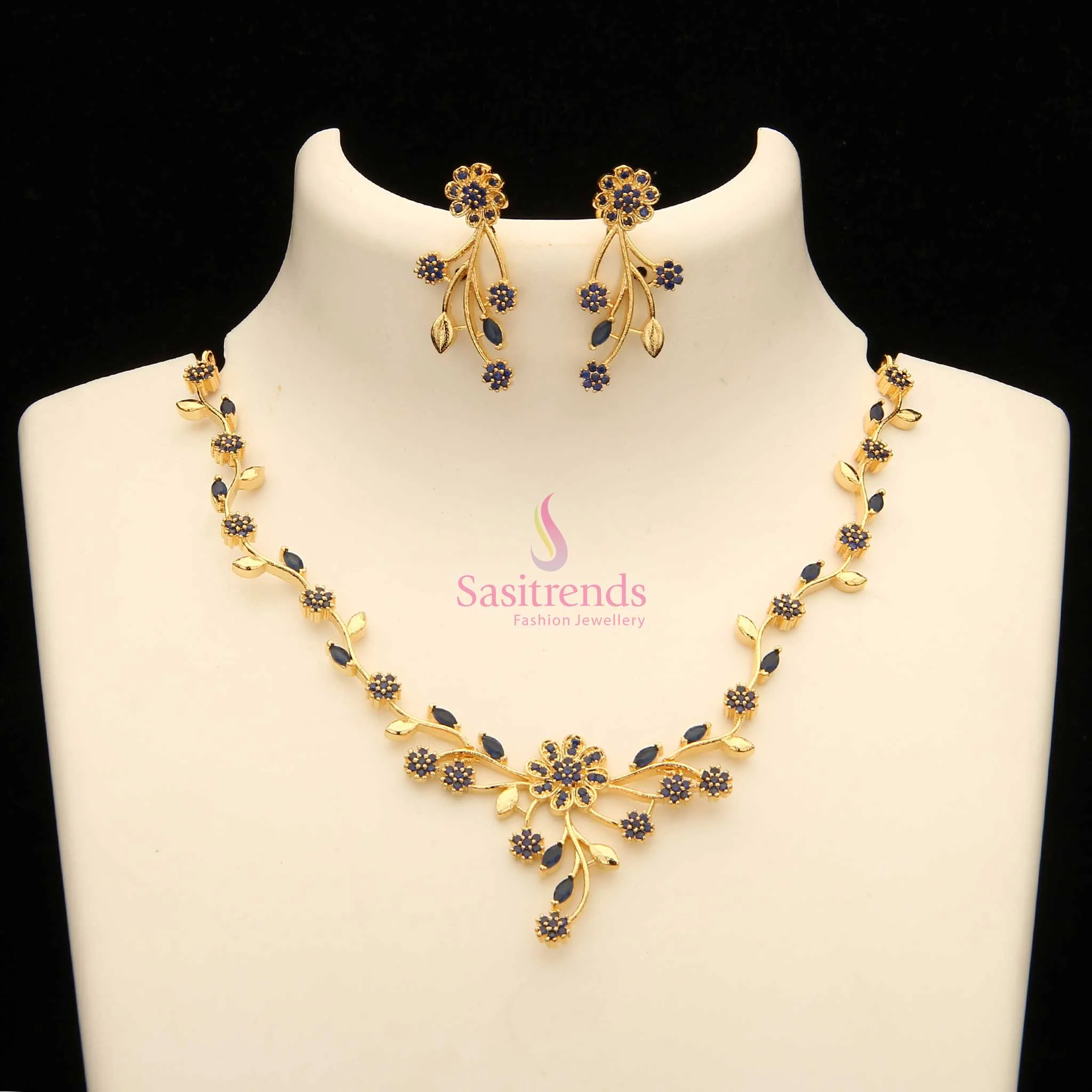Elegant Party wear American Diamond Gold Plated Floral Necklace Jewellery Set - Sasitrends - Image 11