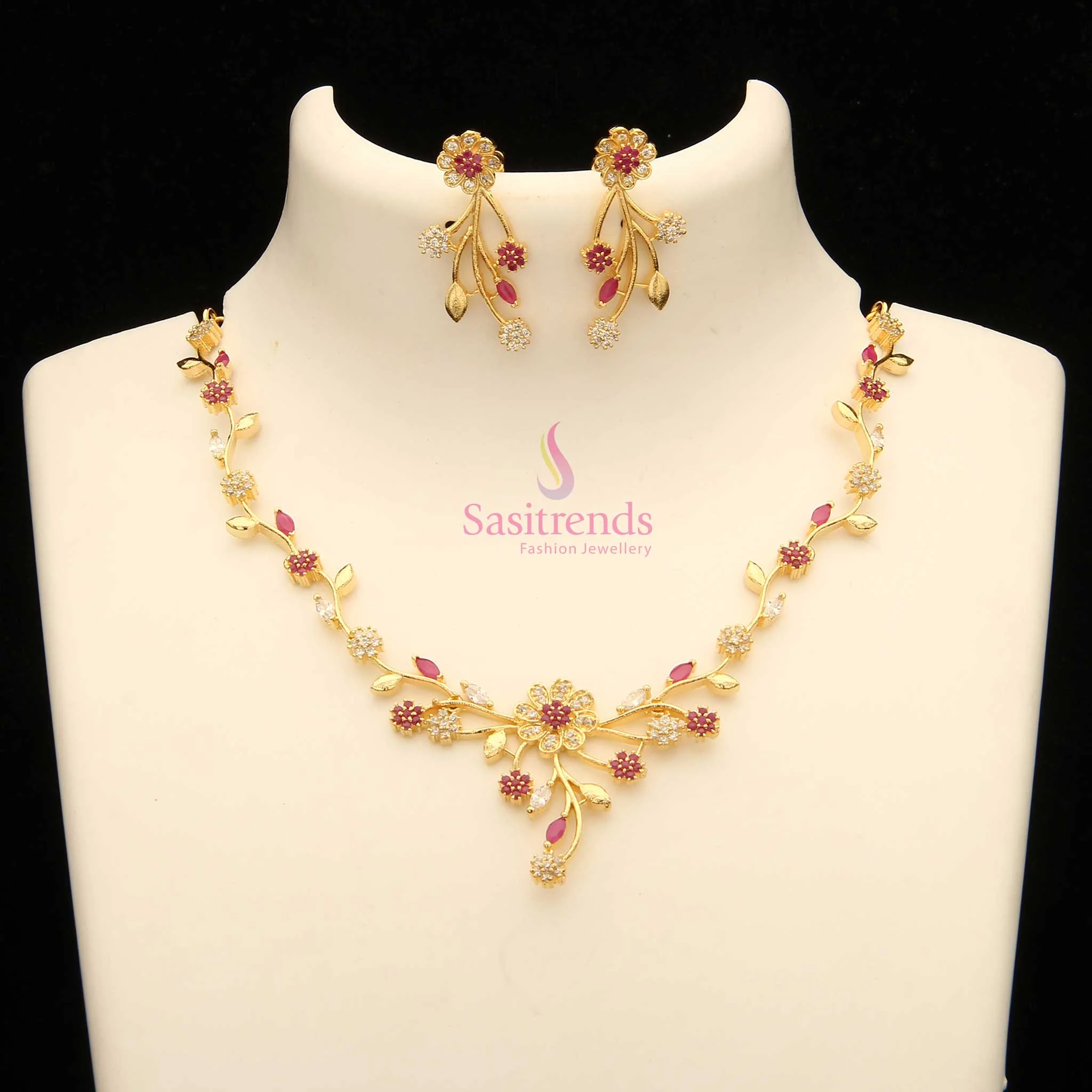 Elegant Party wear American Diamond Gold Plated Floral Necklace Jewellery Set - Sasitrends - Image 12