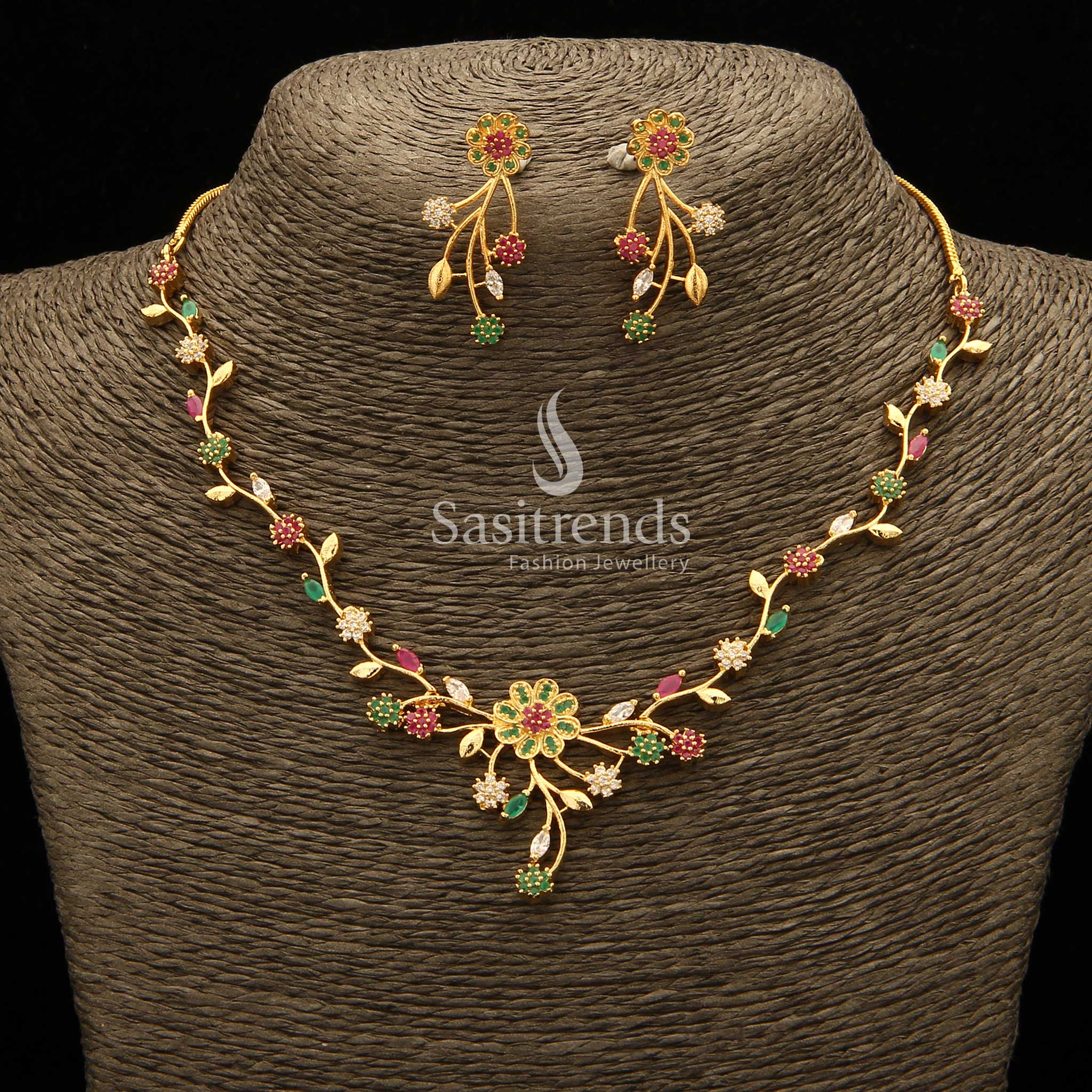 Elegant Party wear American Diamond Gold Plated Floral Necklace Jewellery Set - Sasitrends - Image 4