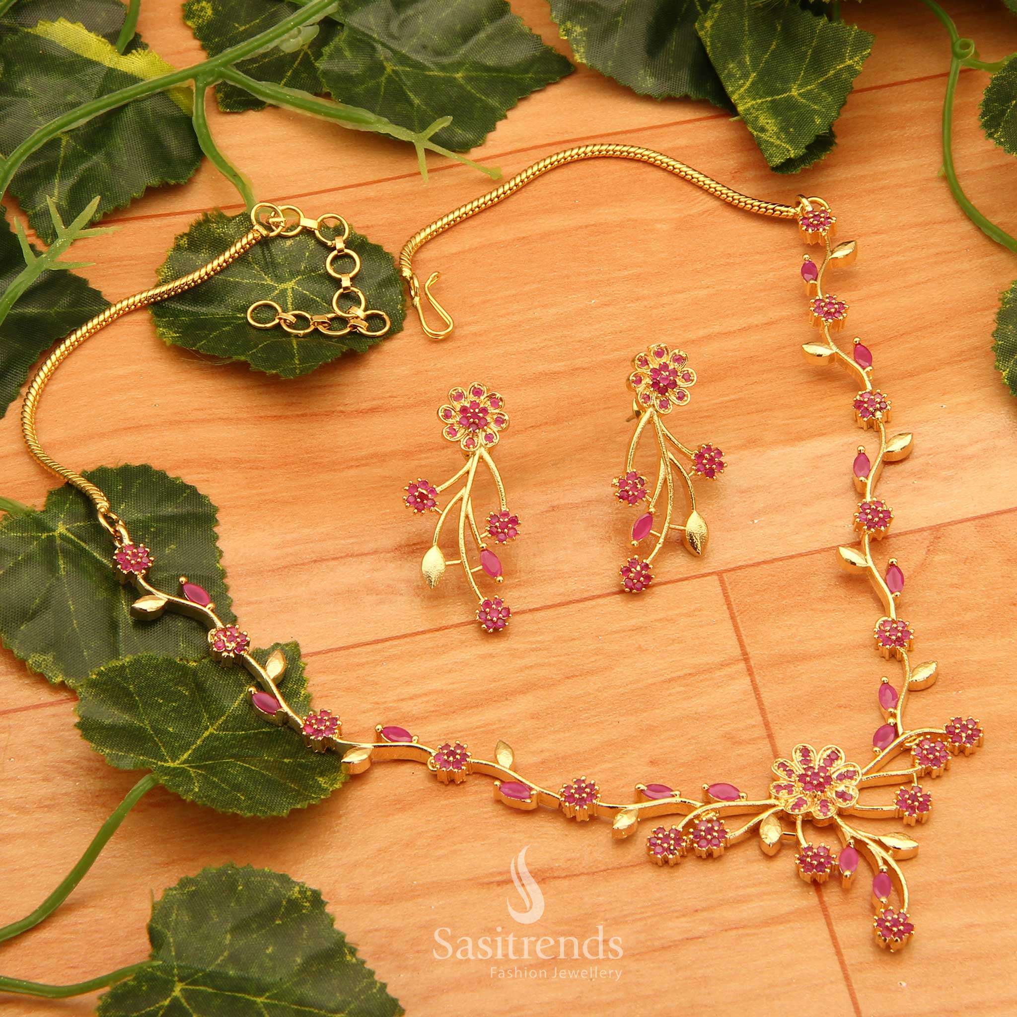 Elegant Party wear American Diamond Gold Plated Floral Necklace Jewellery Set - Sasitrends - Image 6