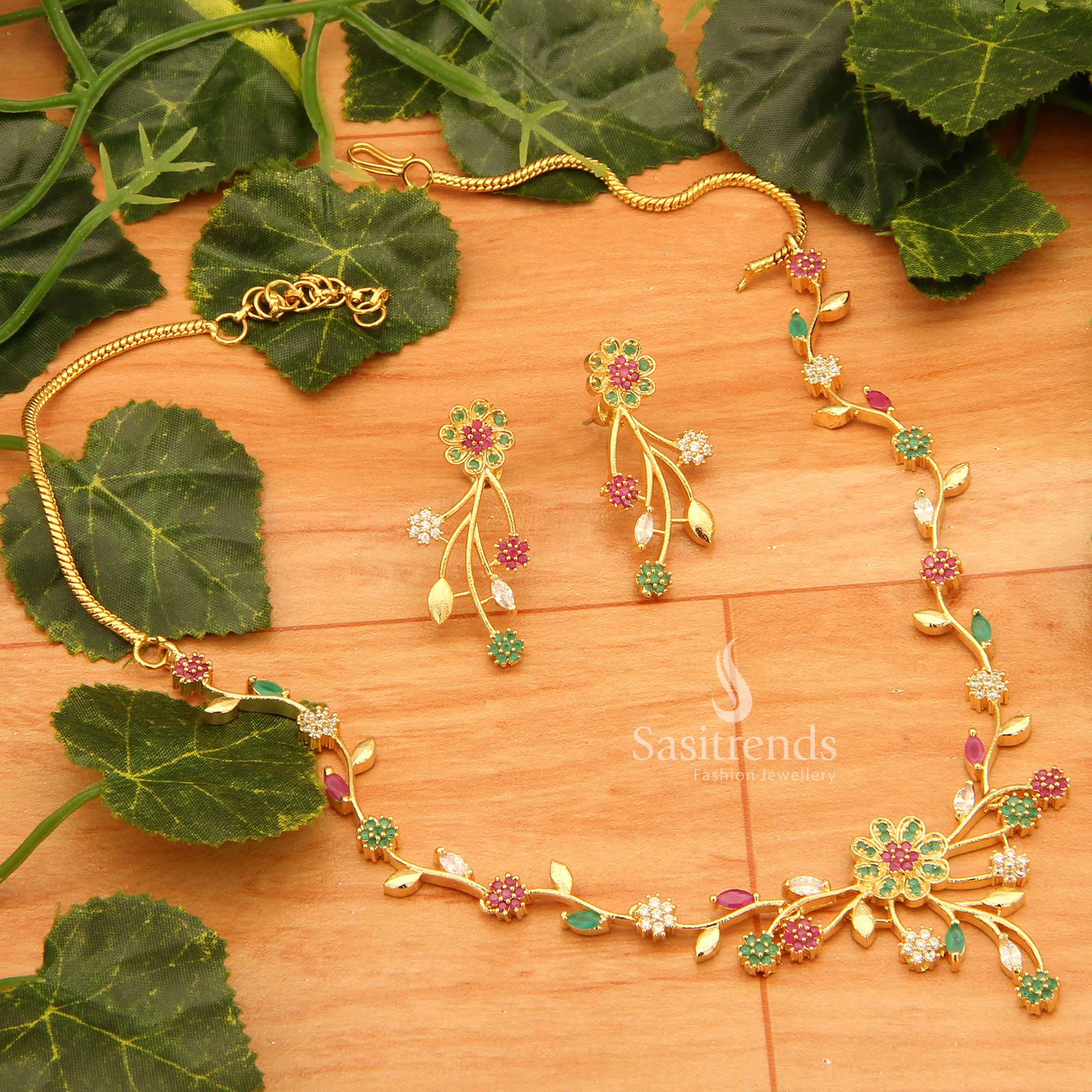 Elegant Party wear American Diamond Gold Plated Floral Necklace Jewellery Set - Sasitrends - Image 7