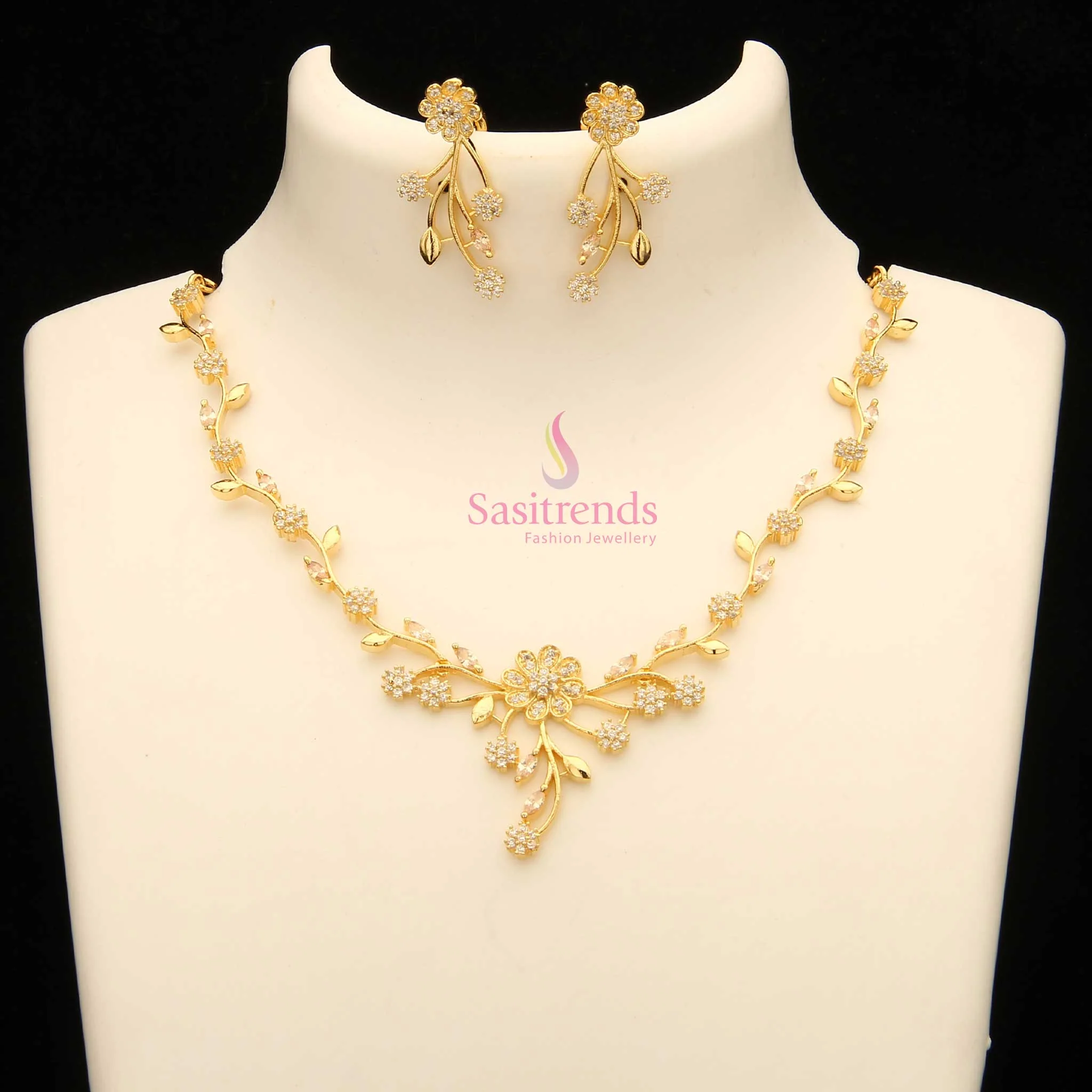 Elegant Party wear American Diamond Gold Plated Floral Necklace Jewellery Set - Sasitrends - Image 8