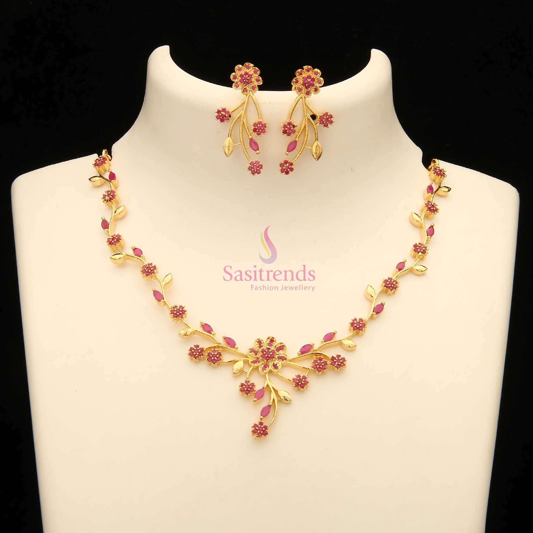 Elegant Party wear American Diamond Gold Plated Floral Necklace Jewellery Set - Sasitrends - Image 9