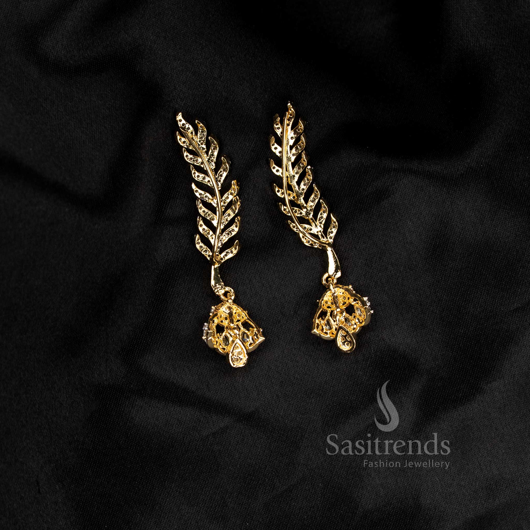 Amazing Collection American Diamond Leaf & Crystal Line Climber Ear Cuff Earrings for Party Wear - Image 13