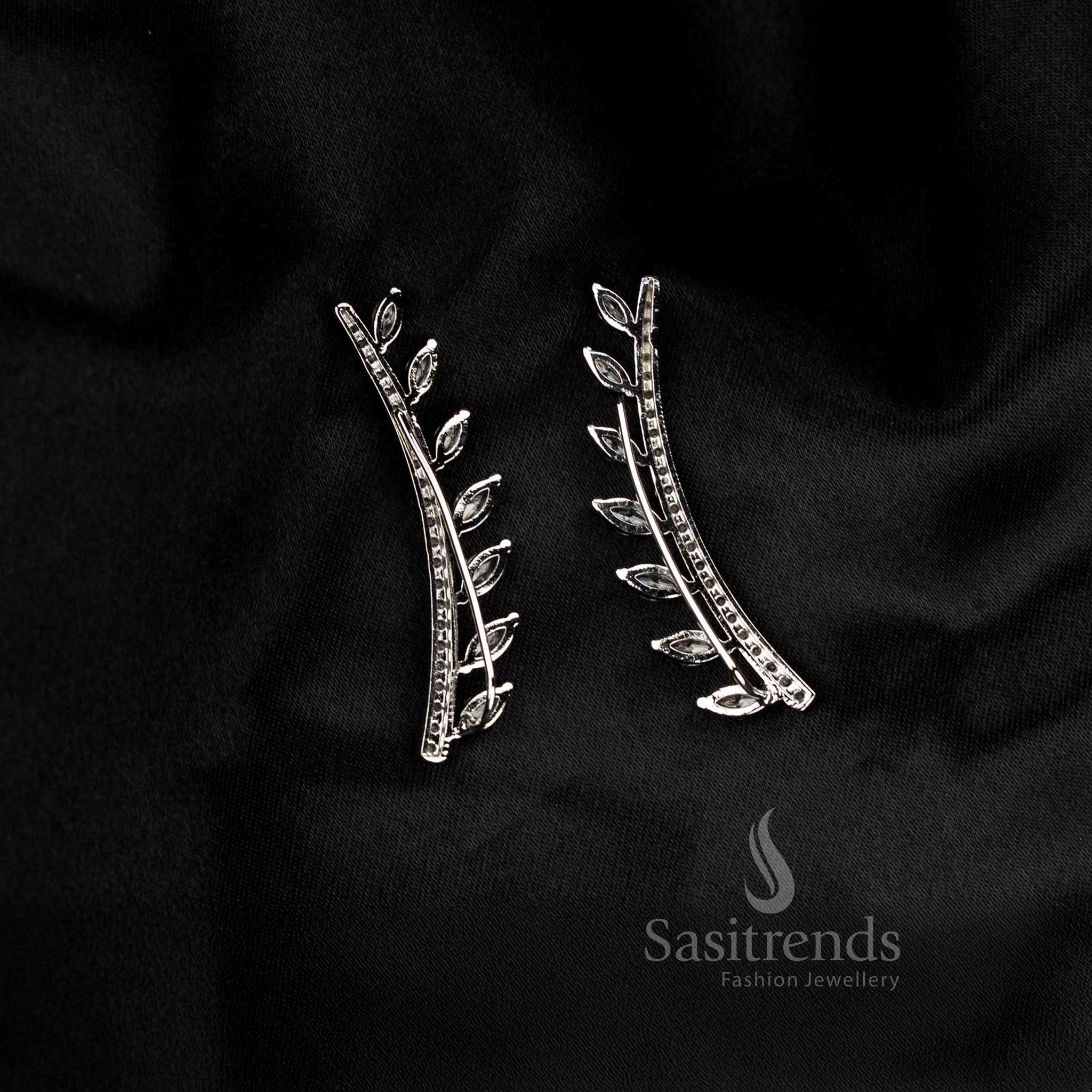 Amazing Collection American Diamond Leaf & Crystal Line Climber Ear Cuff Earrings for Party Wear - Image 3