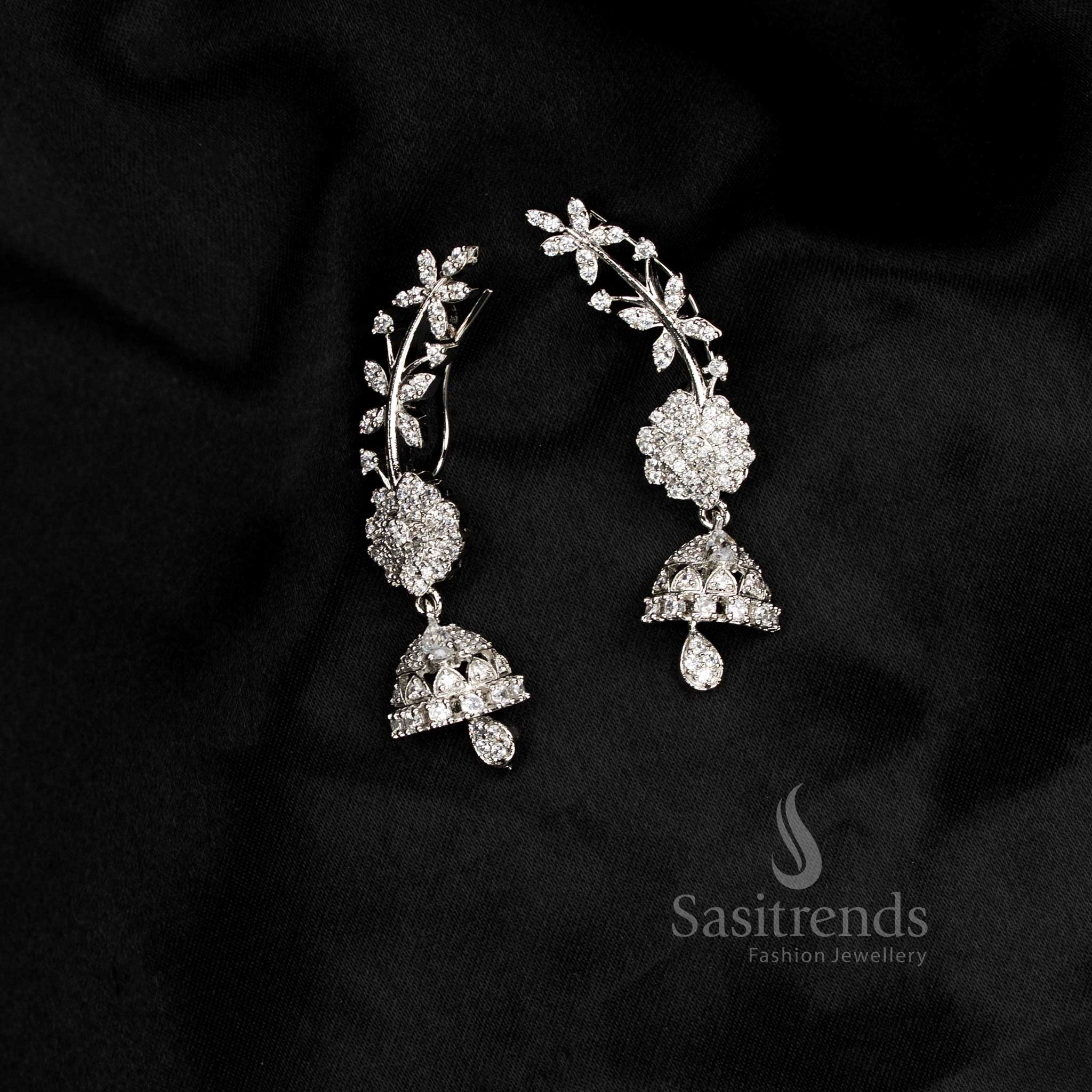 Amazing Collection American Diamond Leaf & Crystal Line Climber Ear Cuff Earrings for Party Wear - Image 4