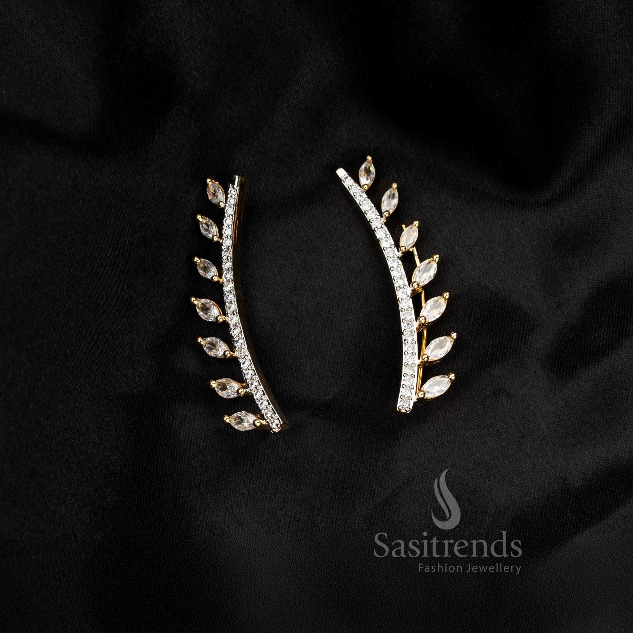 Amazing Collection American Diamond Leaf & Crystal Line Climber Ear Cuff Earrings for Party Wear - Image 6