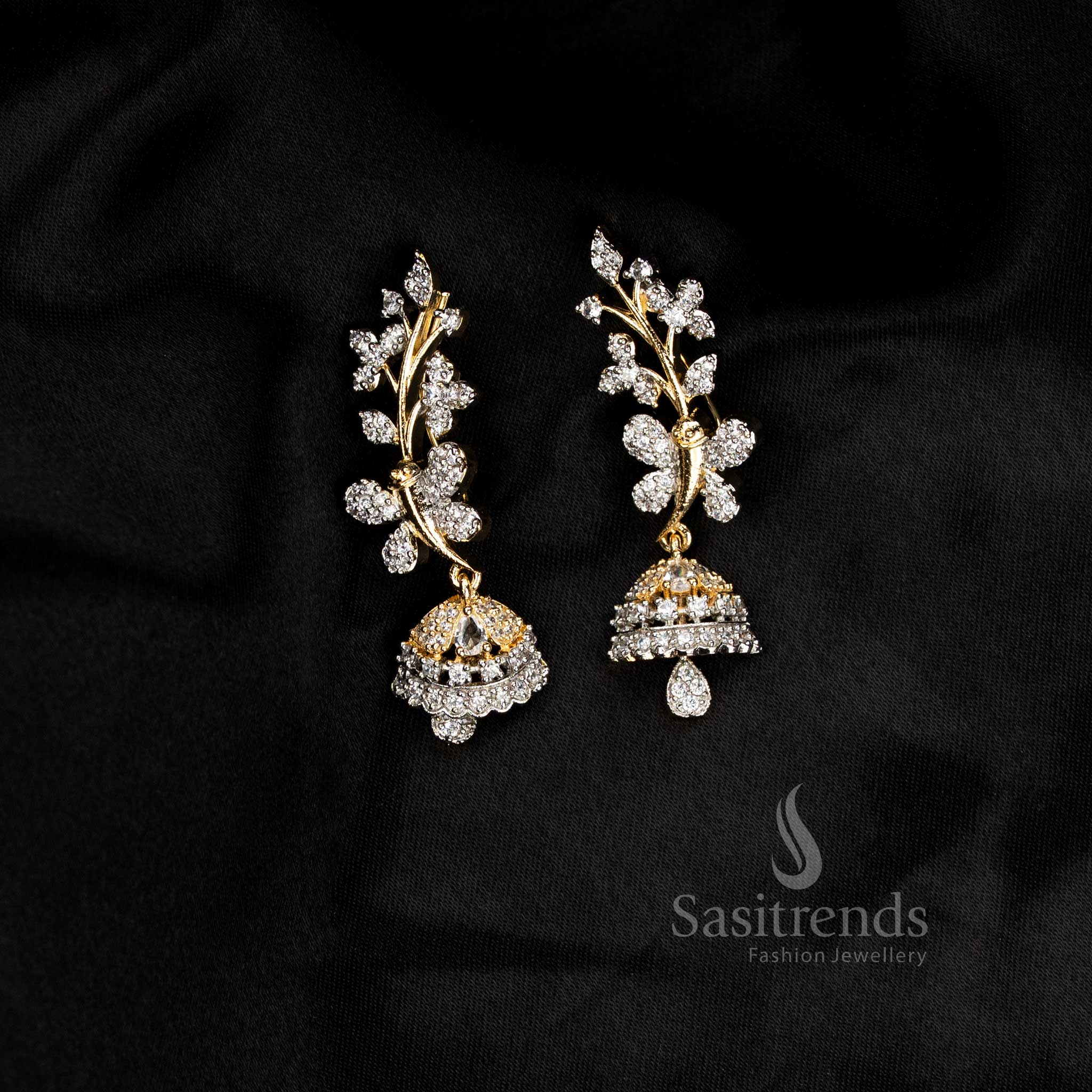 Amazing Collection American Diamond Leaf & Crystal Line Climber Ear Cuff Earrings for Party Wear - Image 7
