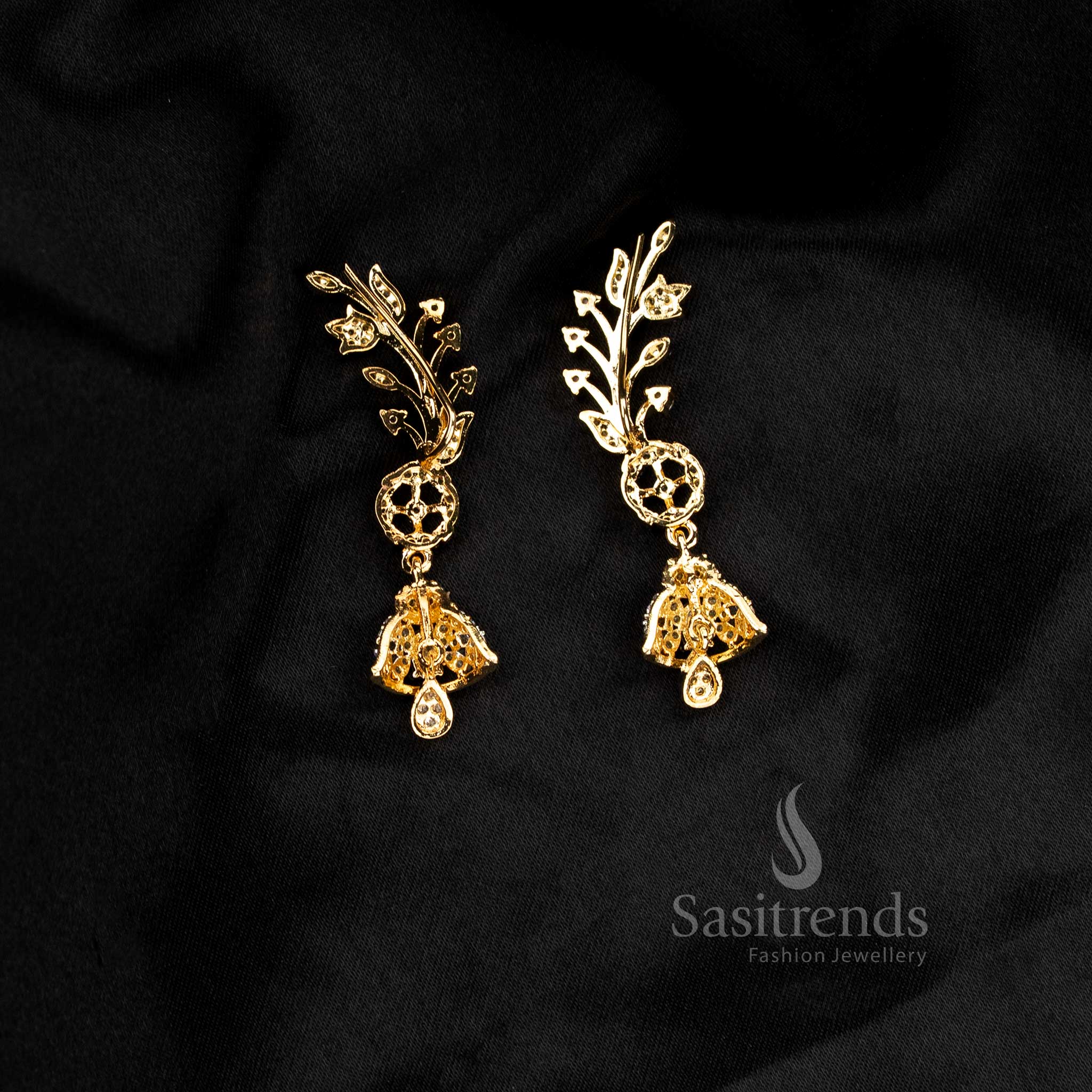 Amazing Collection American Diamond Leaf & Crystal Line Climber Ear Cuff Earrings for Party Wear - Image 9