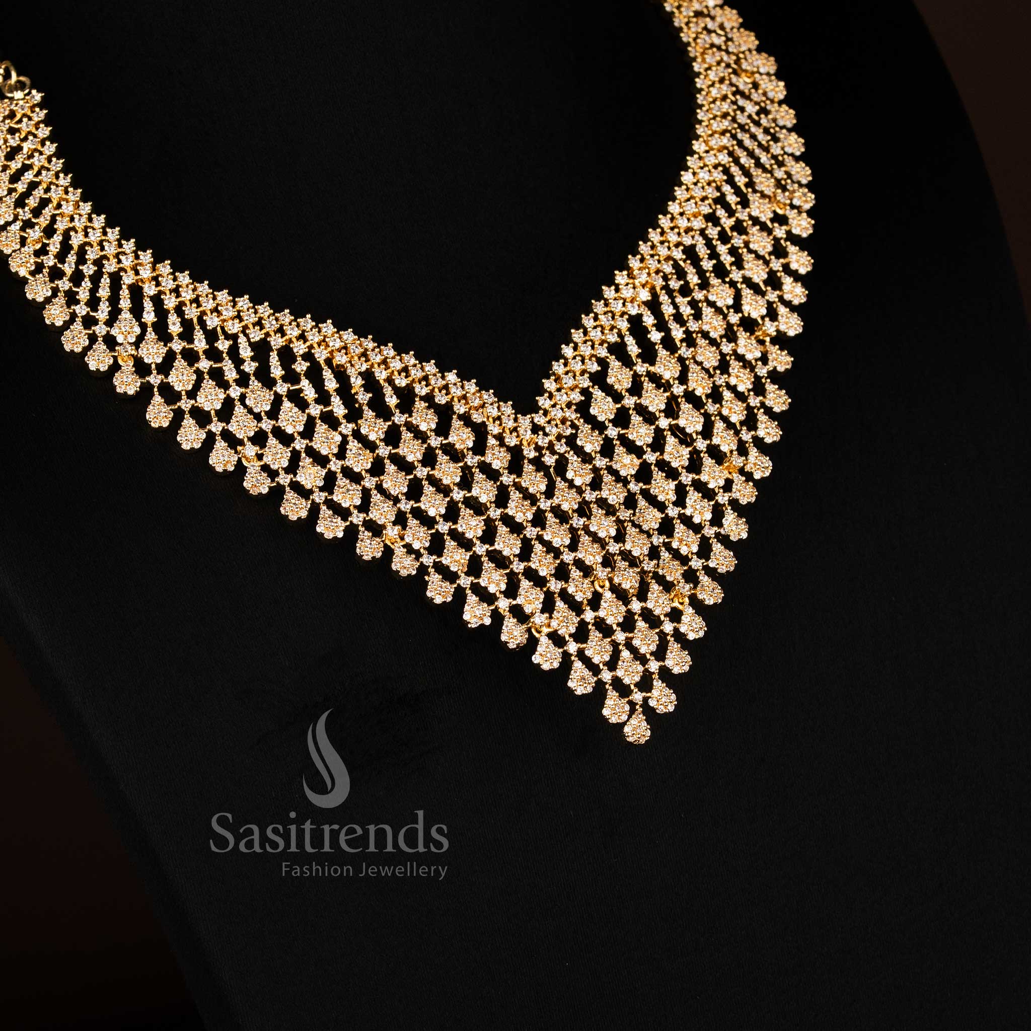 Elegant American Diamond Lotus V-Shape Rhodium Silver and Gold Plated Necklace Jewellery Set for Party Wear - Image 5