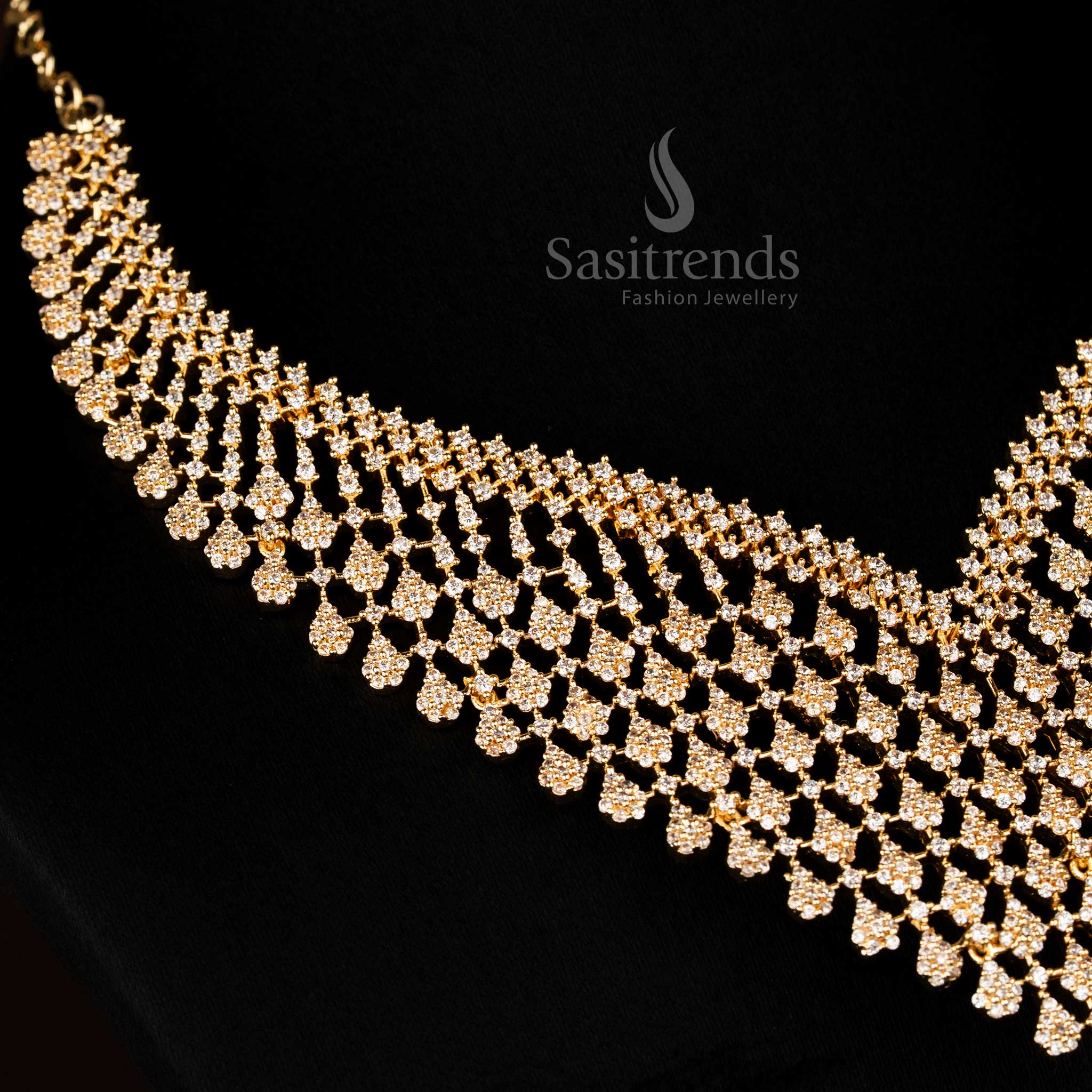 Elegant American Diamond Lotus V-Shape Rhodium Silver and Gold Plated Necklace Jewellery Set for Party Wear - Image 7