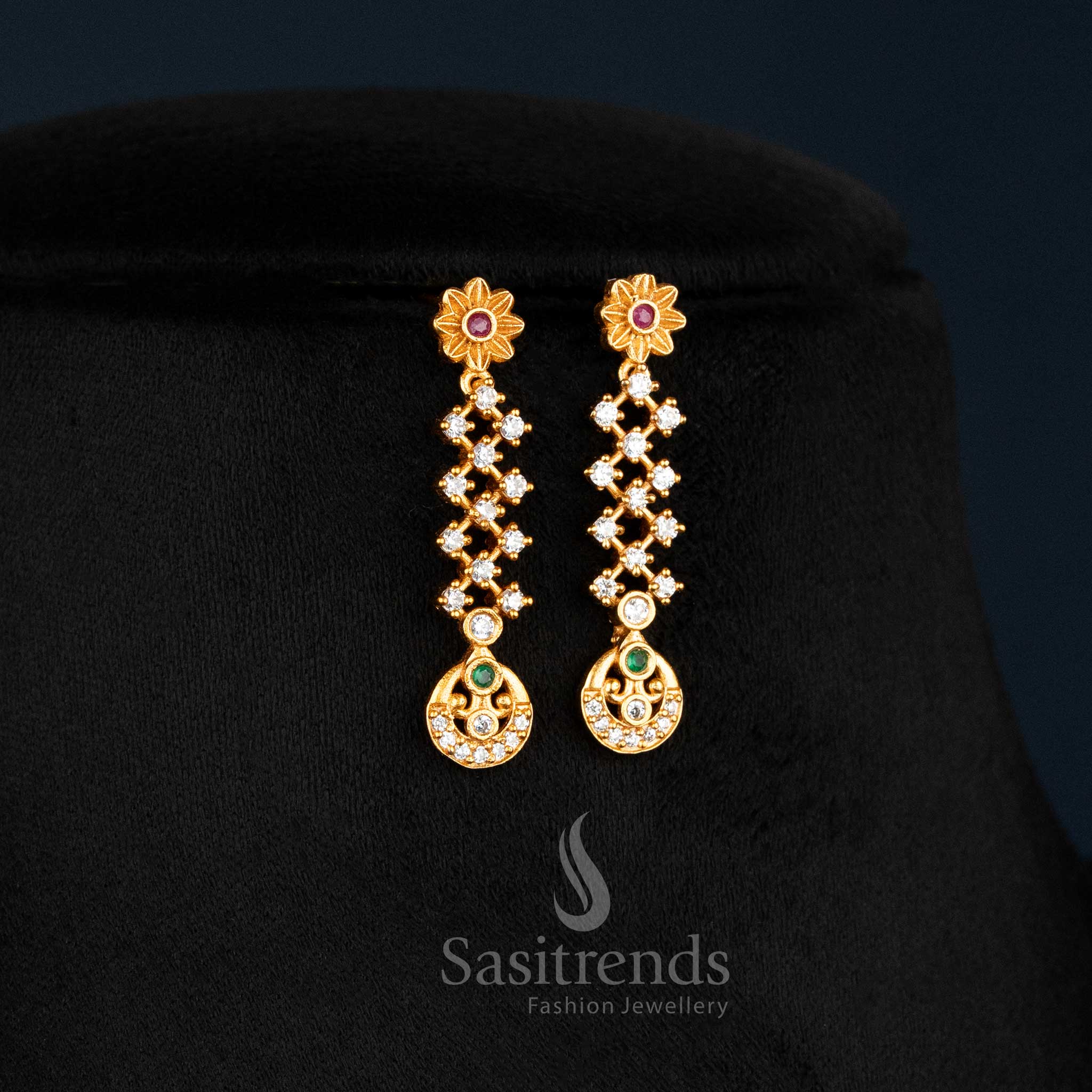 American Diamond Matte Gold Temple Choker Set with Floral & Drop Motifs - Sasitrends - Image 3
