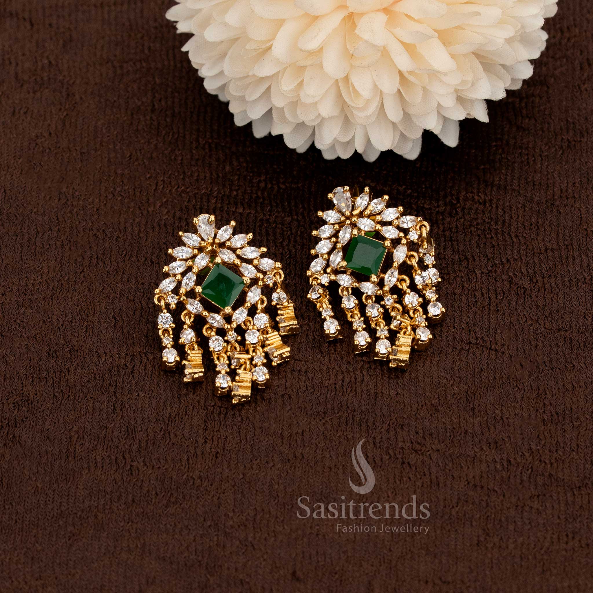 American Diamond Matte Gold Plated Floral & Geometric Stud Earrings with Cascading Dangler Design – Sasitrends