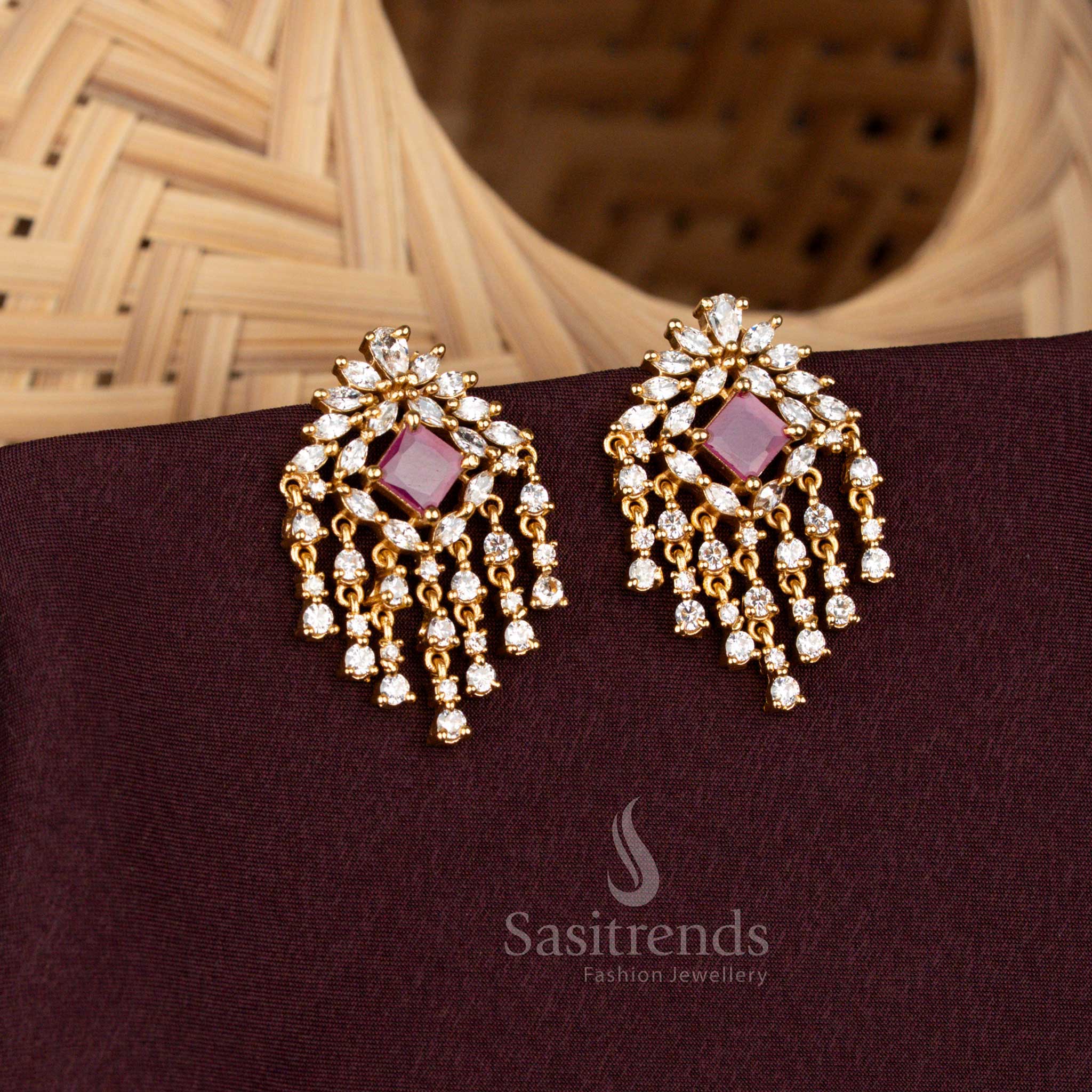 American Diamond Matte Gold Plated Floral & Geometric Stud Earrings with Cascading Dangler Design – Sasitrends - Image 2