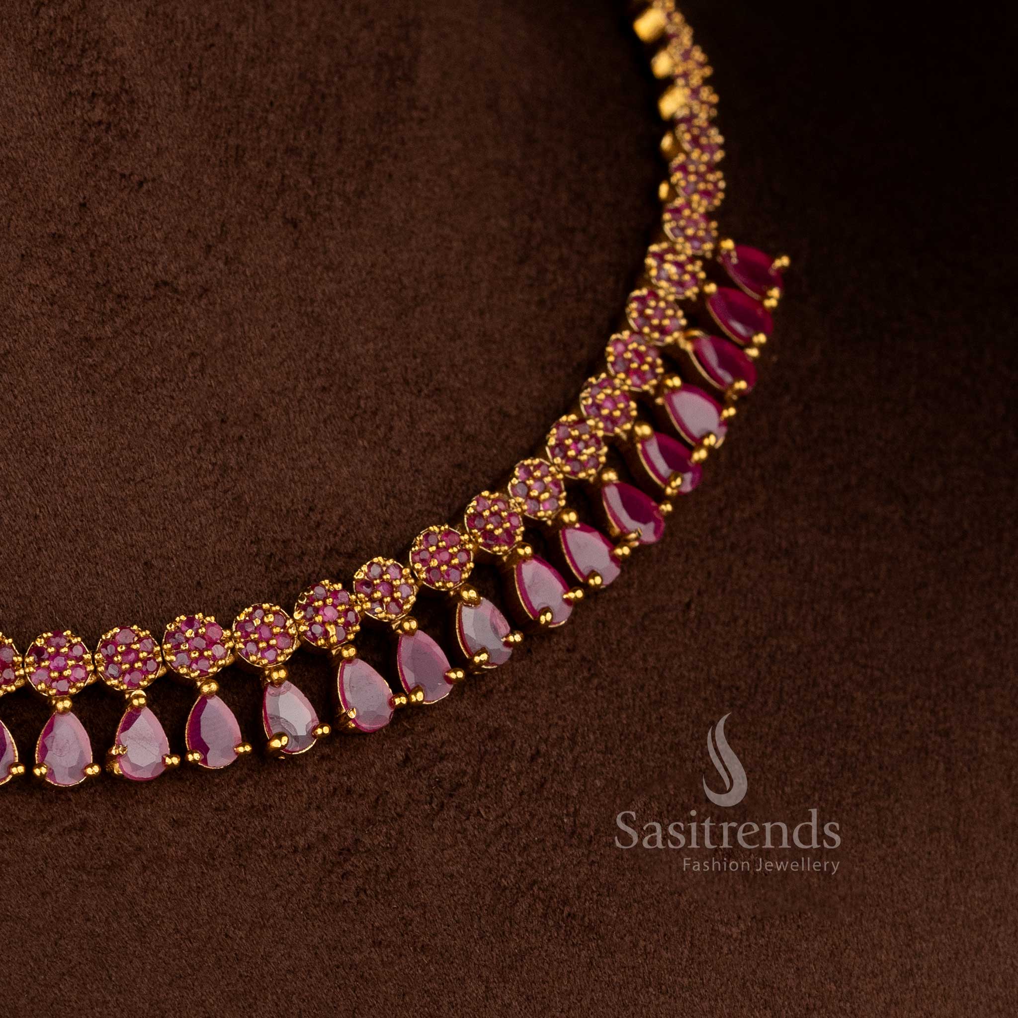 Stunning American Diamond Matte Gold Plated Floral Teardrop Necklace Set for Silk Sarees, Festive Occasions - Image 2