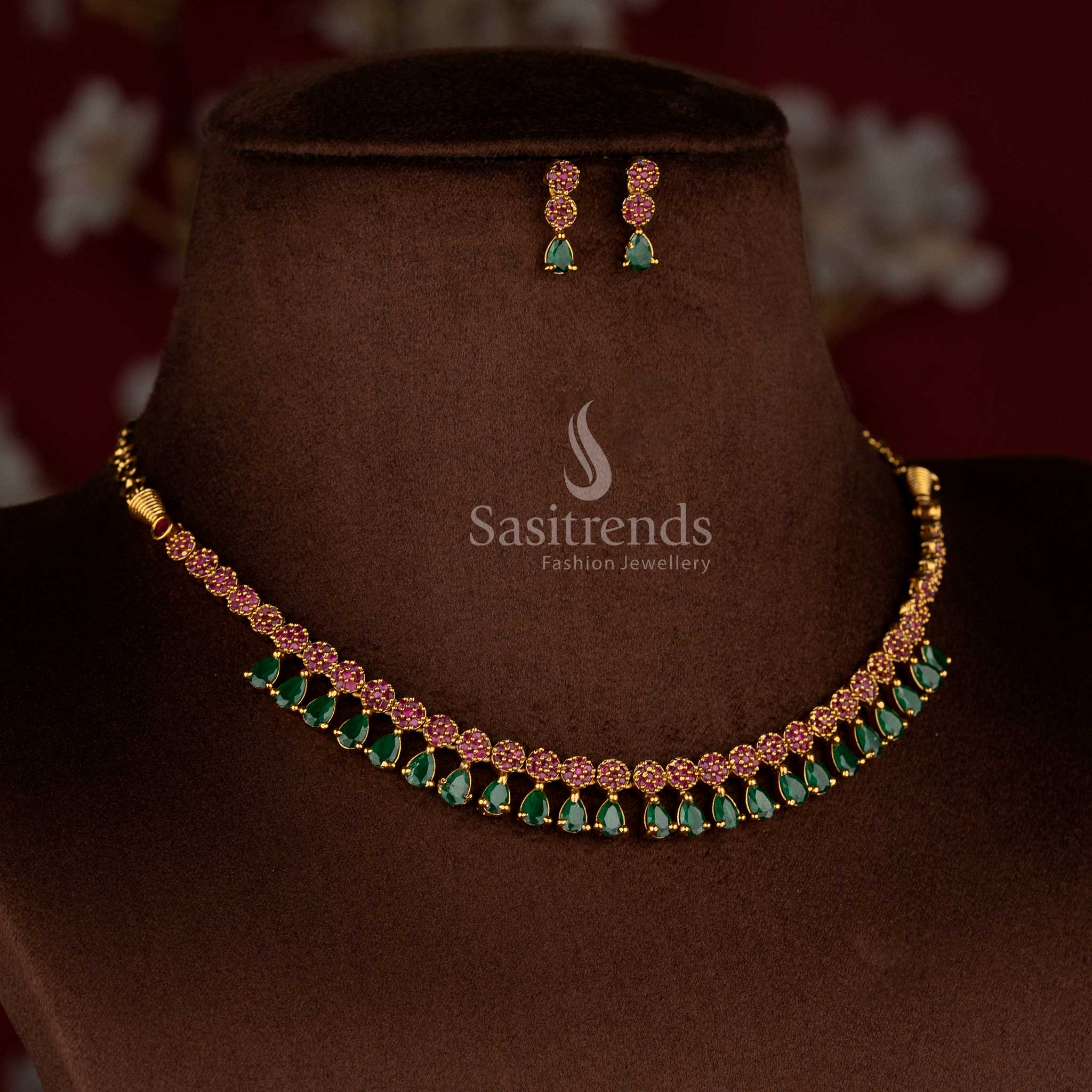 Stunning American Diamond Matte Gold Plated Floral Teardrop Necklace Set for Silk Sarees, Festive Occasions - Image 5