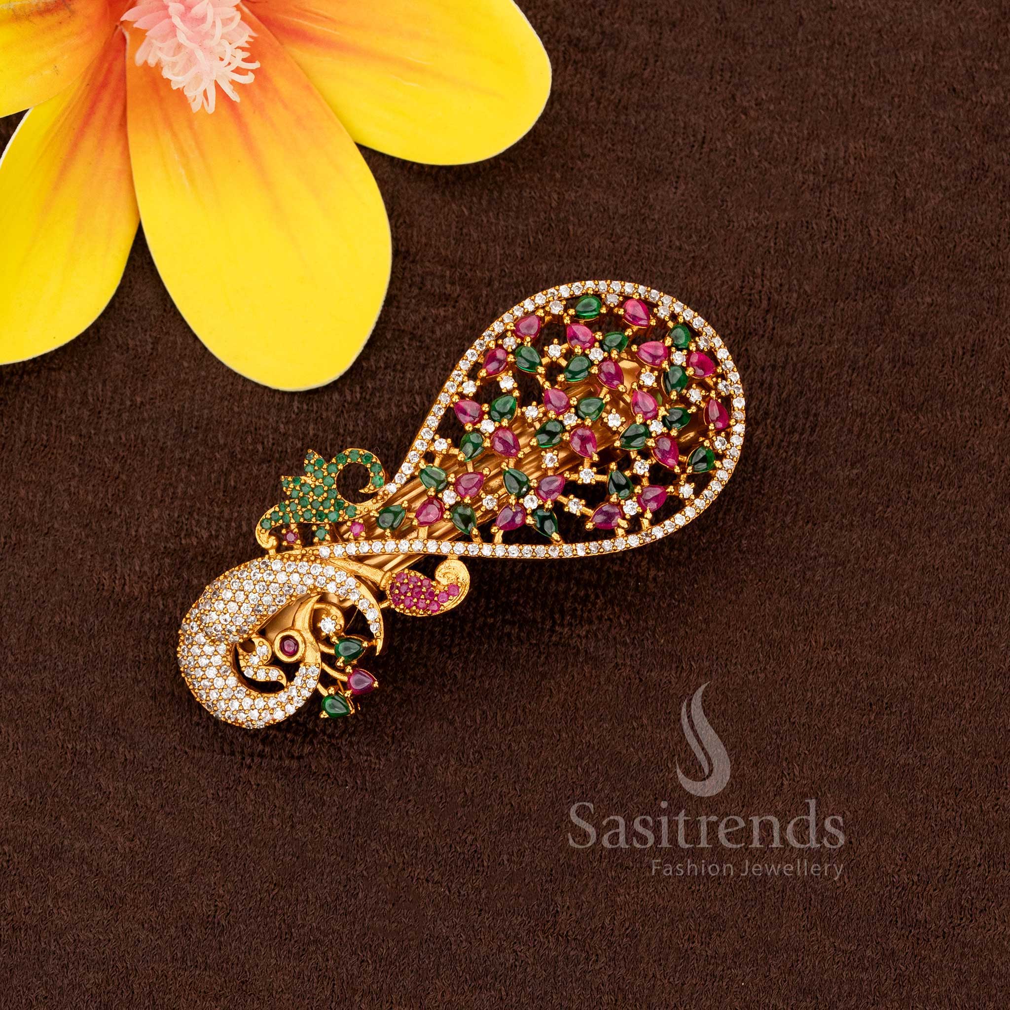 American Diamond Matte Gold Plated Hair Clip Collection with Peacock & Floral Designs – Temple & Bridal Wear - Image 2