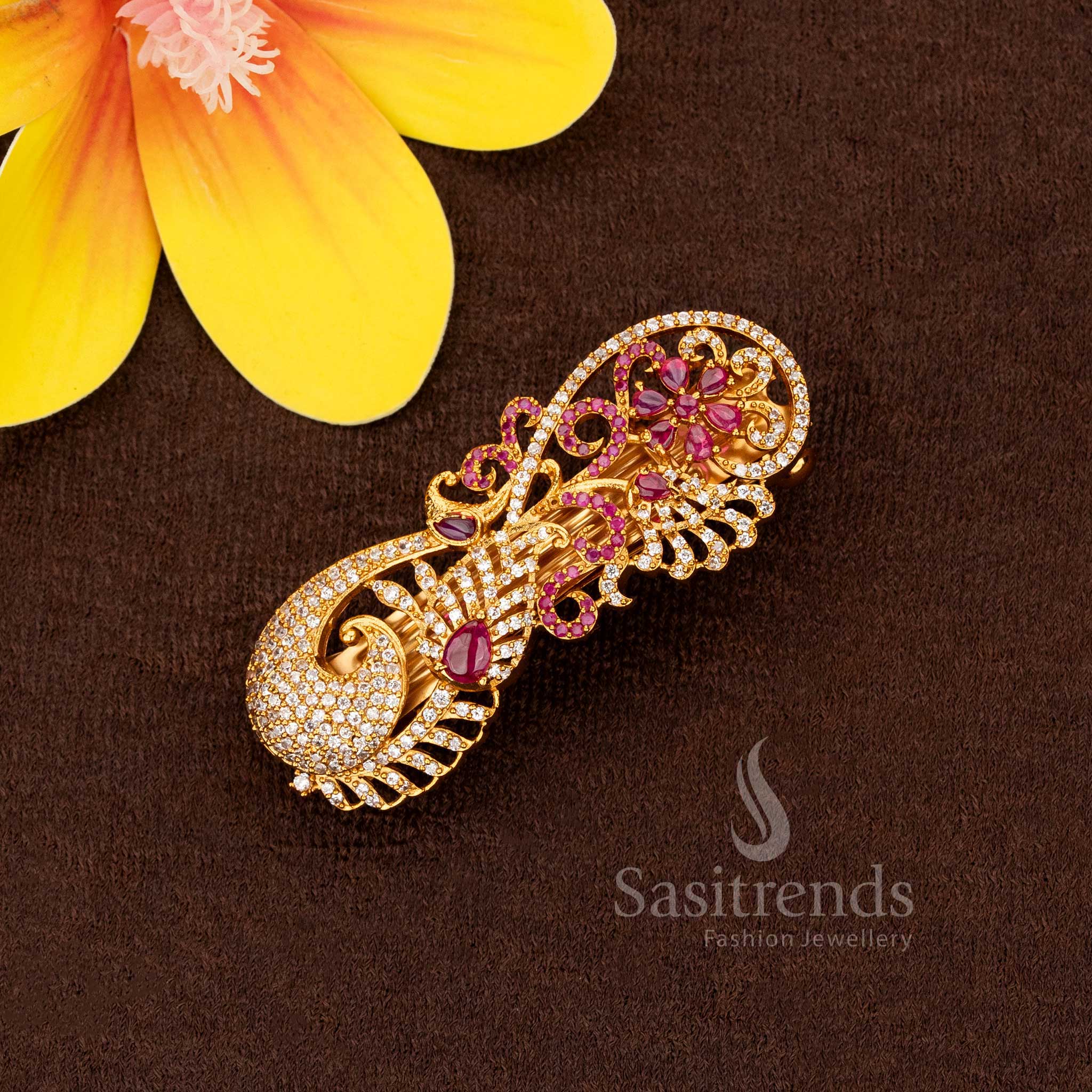 American Diamond Matte Gold Plated Hair Clip Collection with Peacock & Floral Designs – Temple & Bridal Wear - Image 3