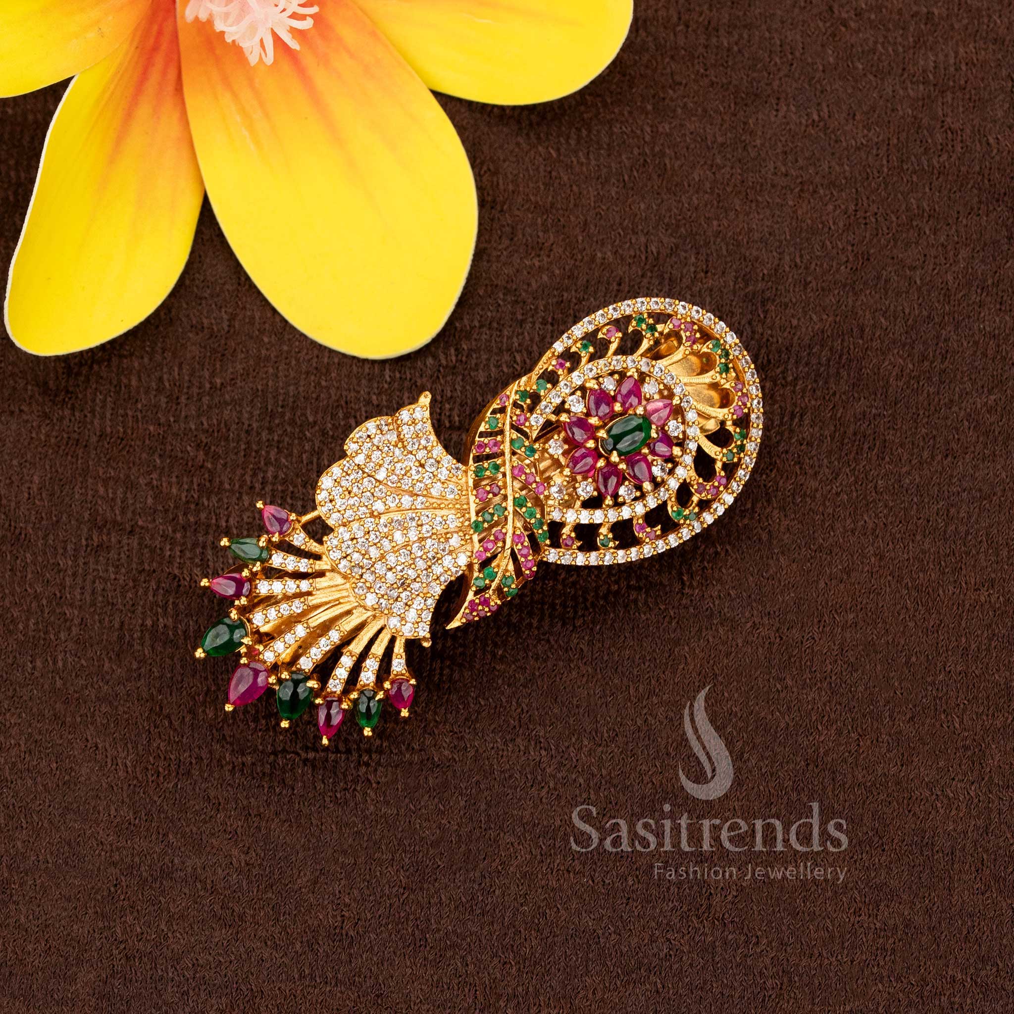 American Diamond Matte Gold Plated Hair Clip Collection with Peacock & Floral Designs – Temple & Bridal Wear - Image 4