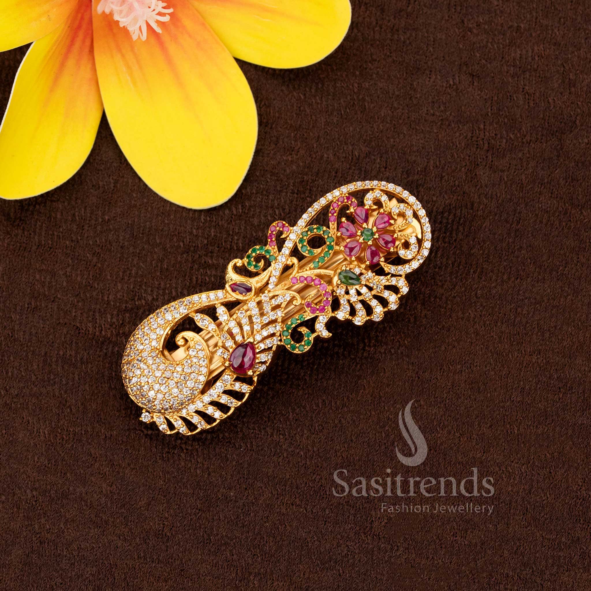 American Diamond Matte Gold Plated Hair Clip Collection with Peacock & Floral Designs – Temple & Bridal Wear - Image 5