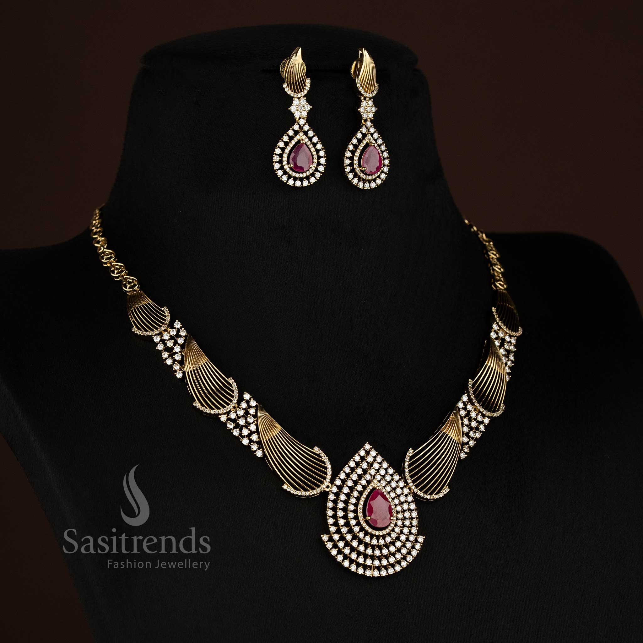 Attractive American Diamond Mehendi Gold Plated Teardrop Necklace Set for Party & Function Styling - Image 2