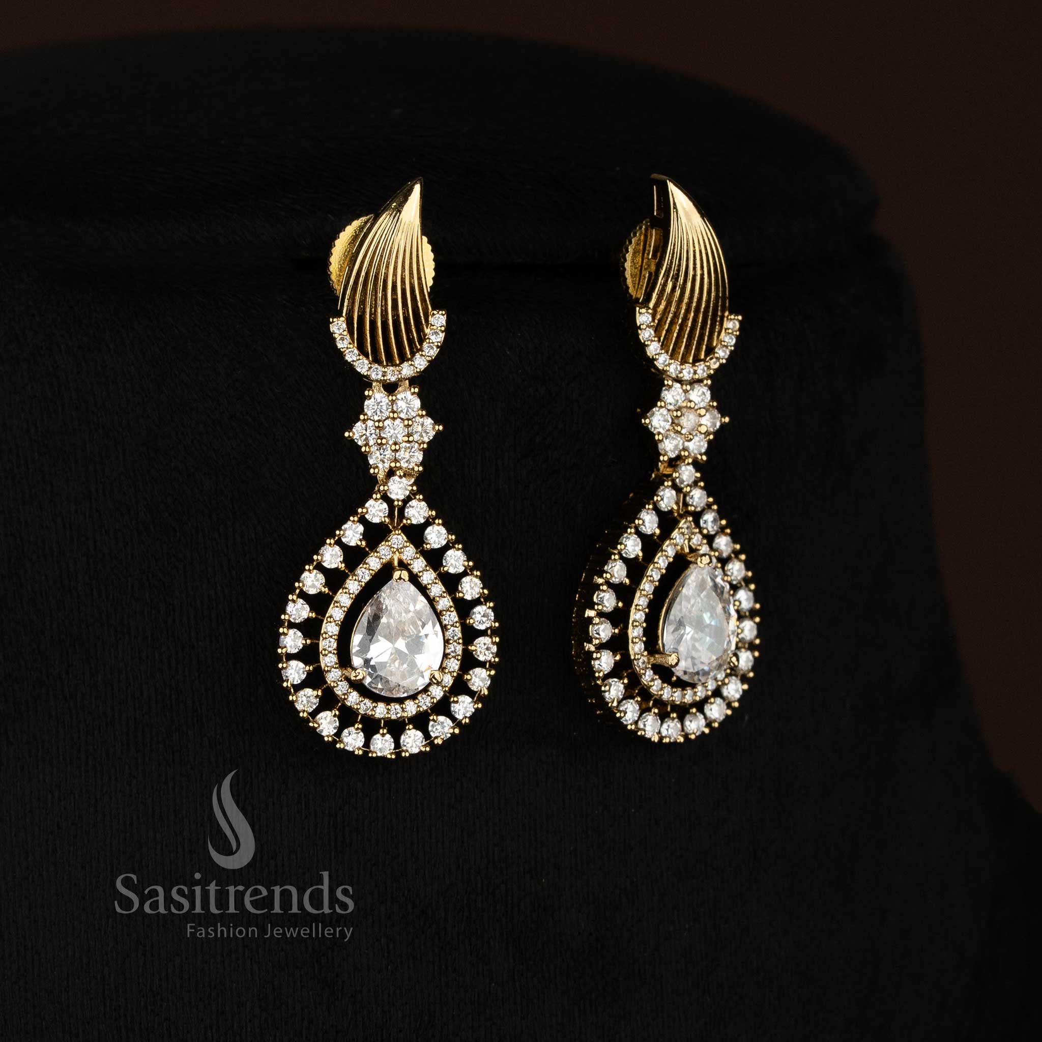 Attractive American Diamond Mehendi Gold Plated Teardrop Necklace Set for Party & Function Styling - Image 6