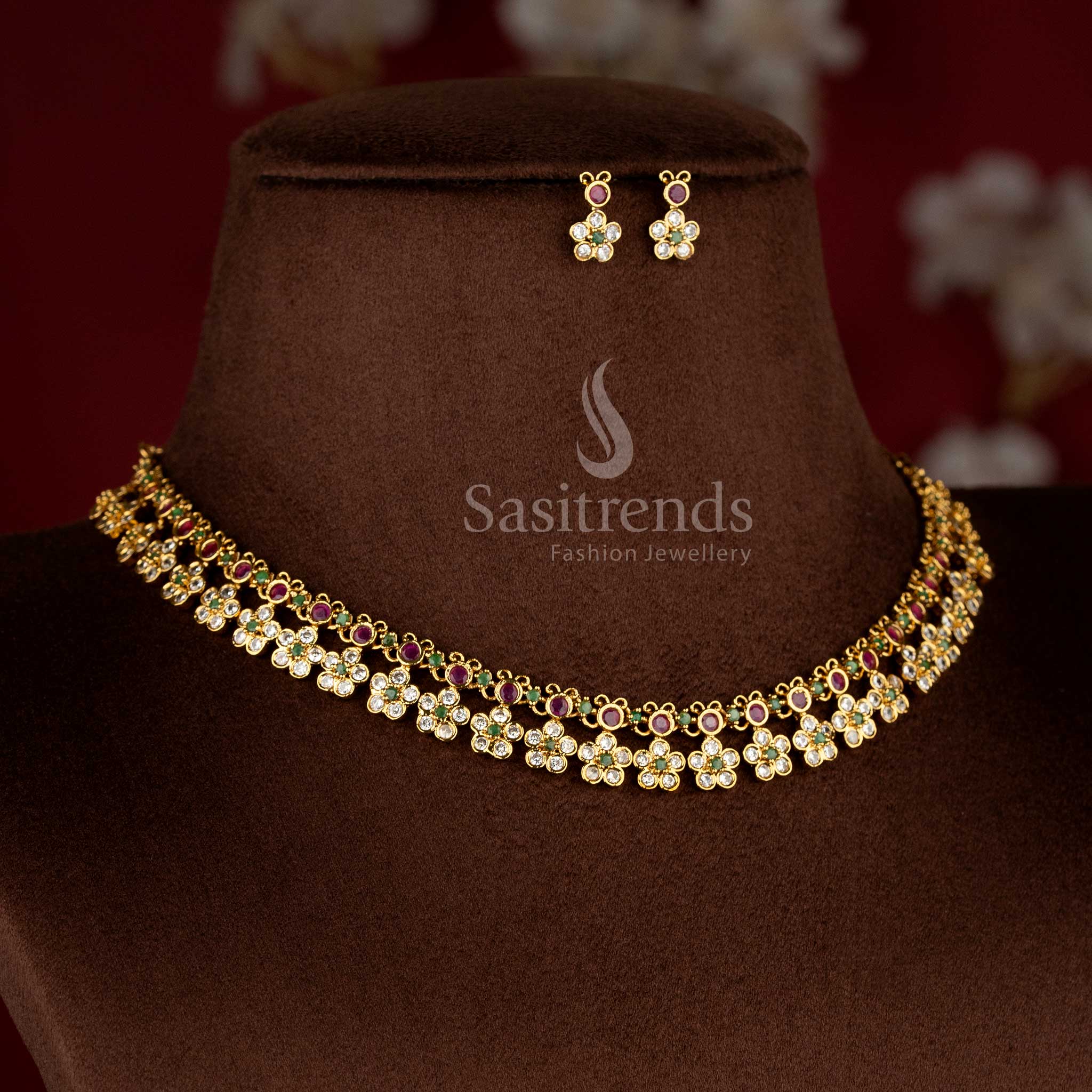Dazzling American Diamond Matte Gold Plated Mickey-Motif Floral Necklace Jewellery Set for Festive Wear