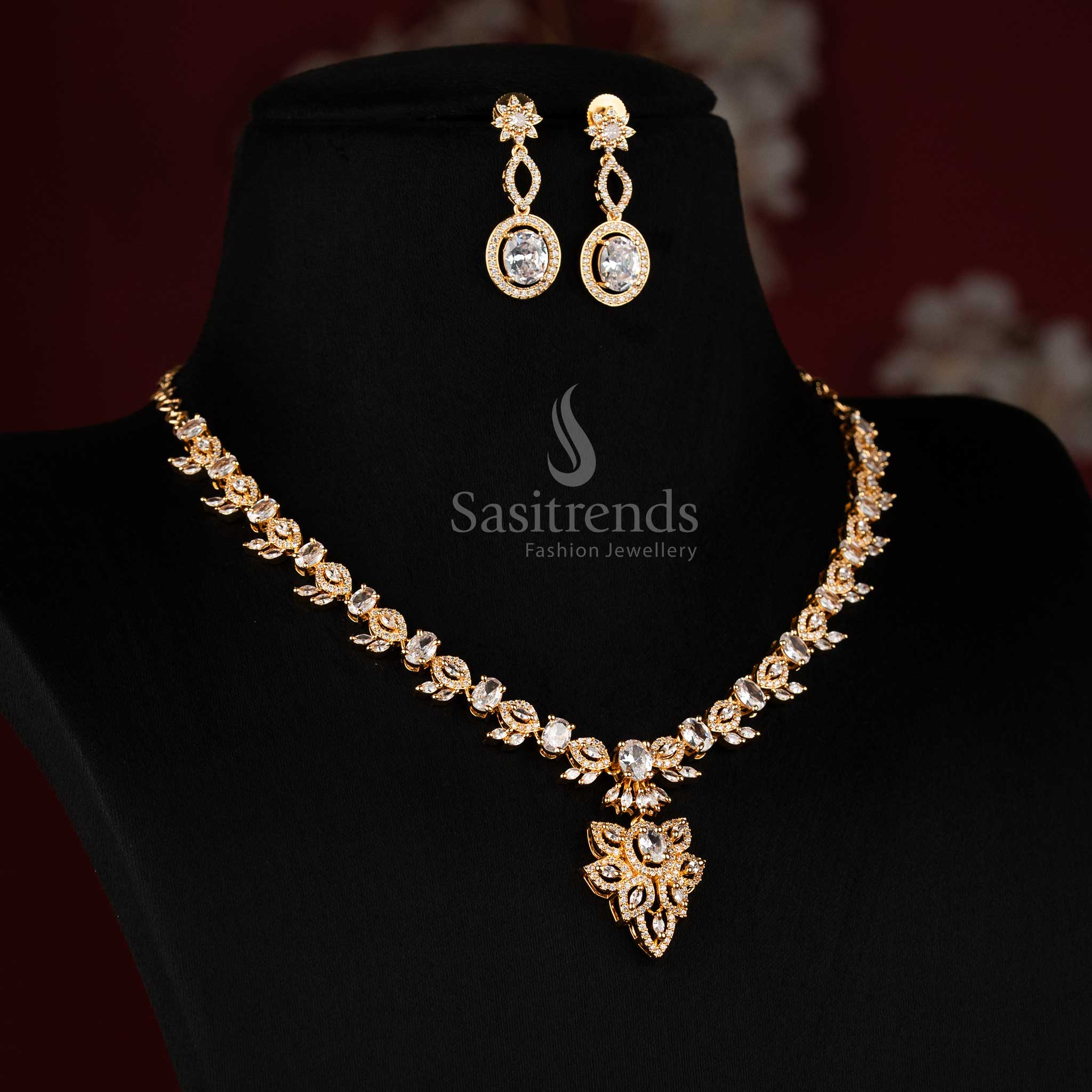 Grand Floral Leaf American Diamond Micro Gold Plated Necklace Set with Oval Accents - Looks Like Real Gold - Sasitrends - Image 10