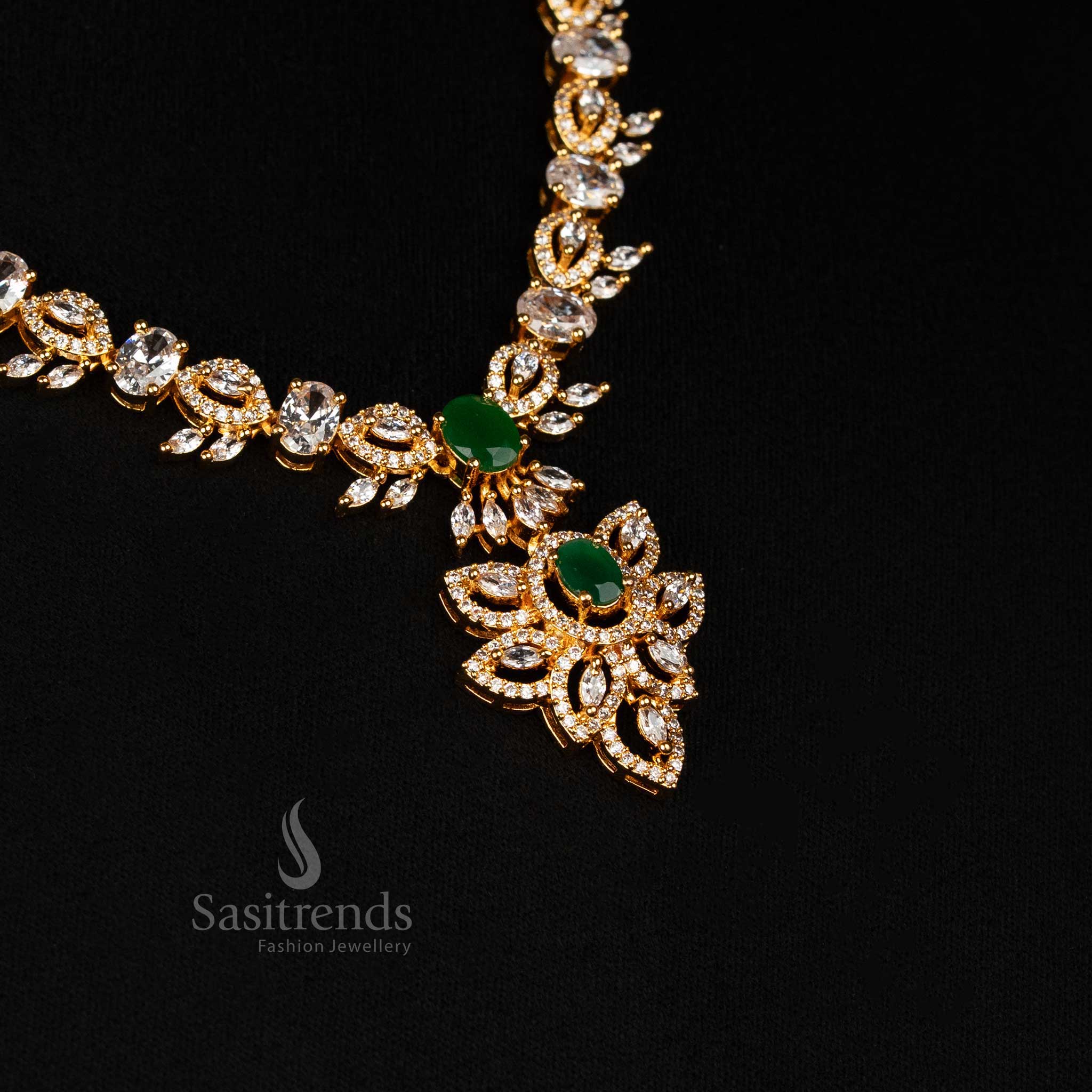 Grand Floral Leaf American Diamond Micro Gold Plated Necklace Set with Oval Accents - Looks Like Real Gold - Sasitrends - Image 3