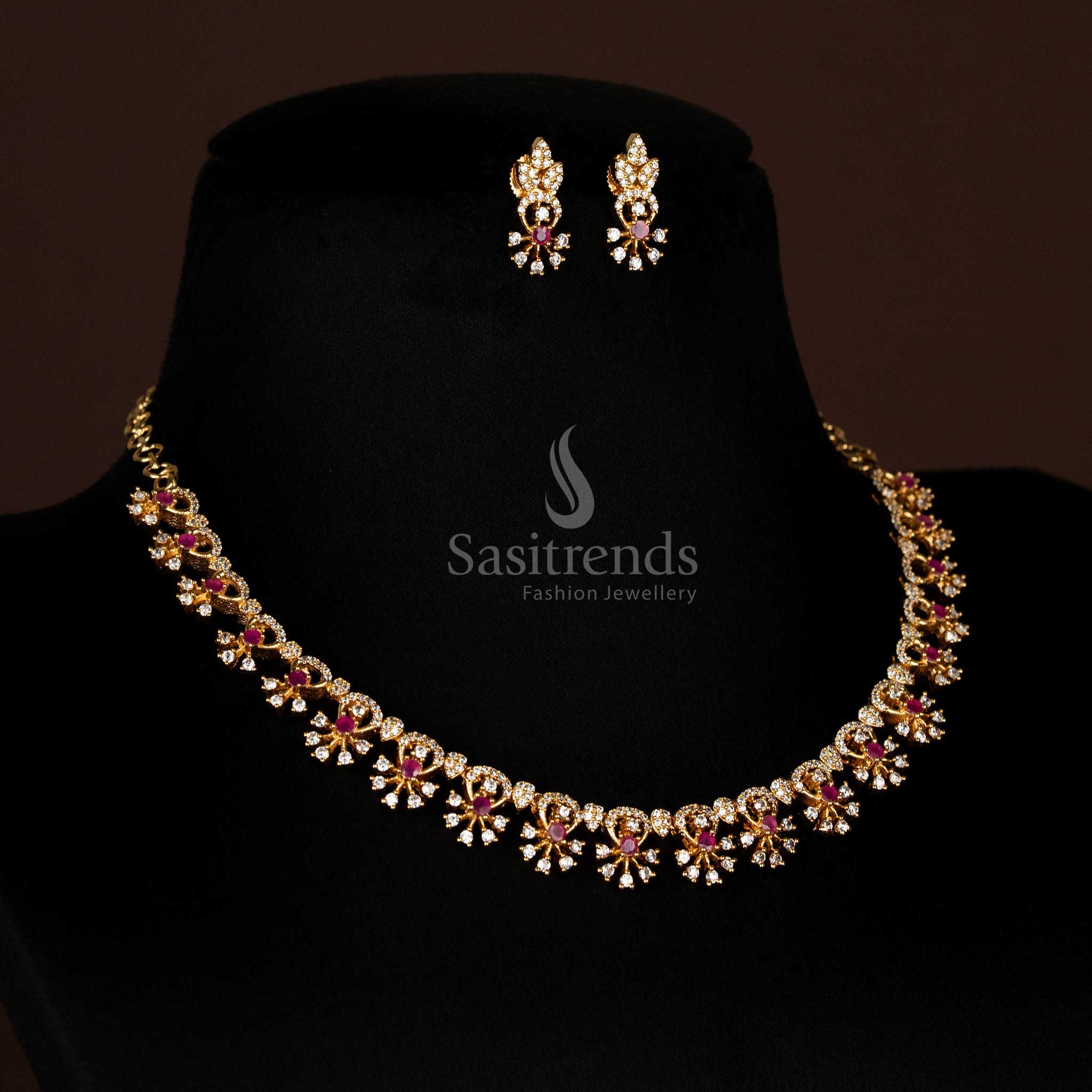 Dazzling American Diamond Micro Gold Plated Interlocking Wave & Floral Necklace Jewellery Set - Looks Like Real Gold - Sasitrends