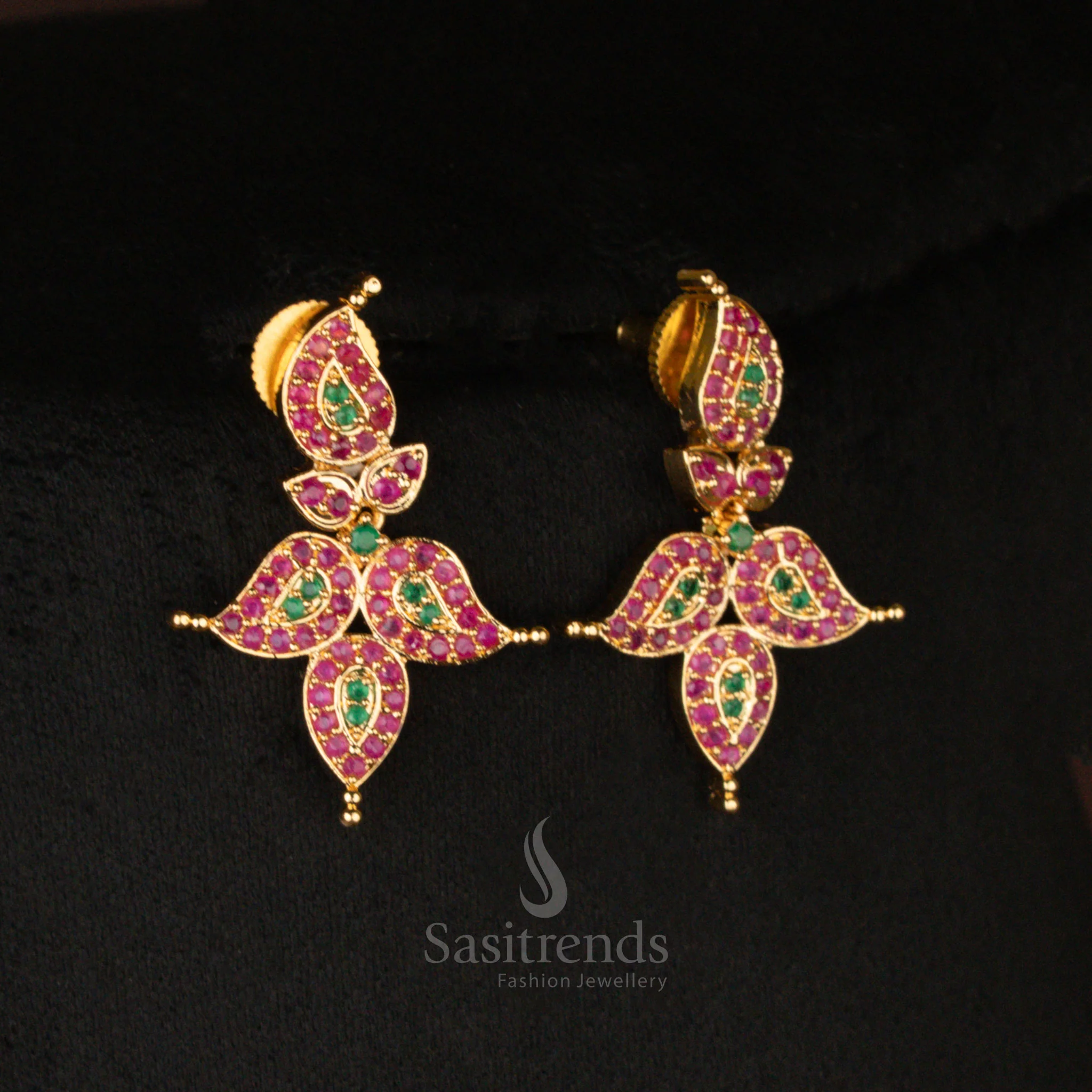 American Diamond Micro Gold Plated Leaf Mango Pattern Short & Long Haram Necklace Jewellery Set - Sasitrends - Image 26