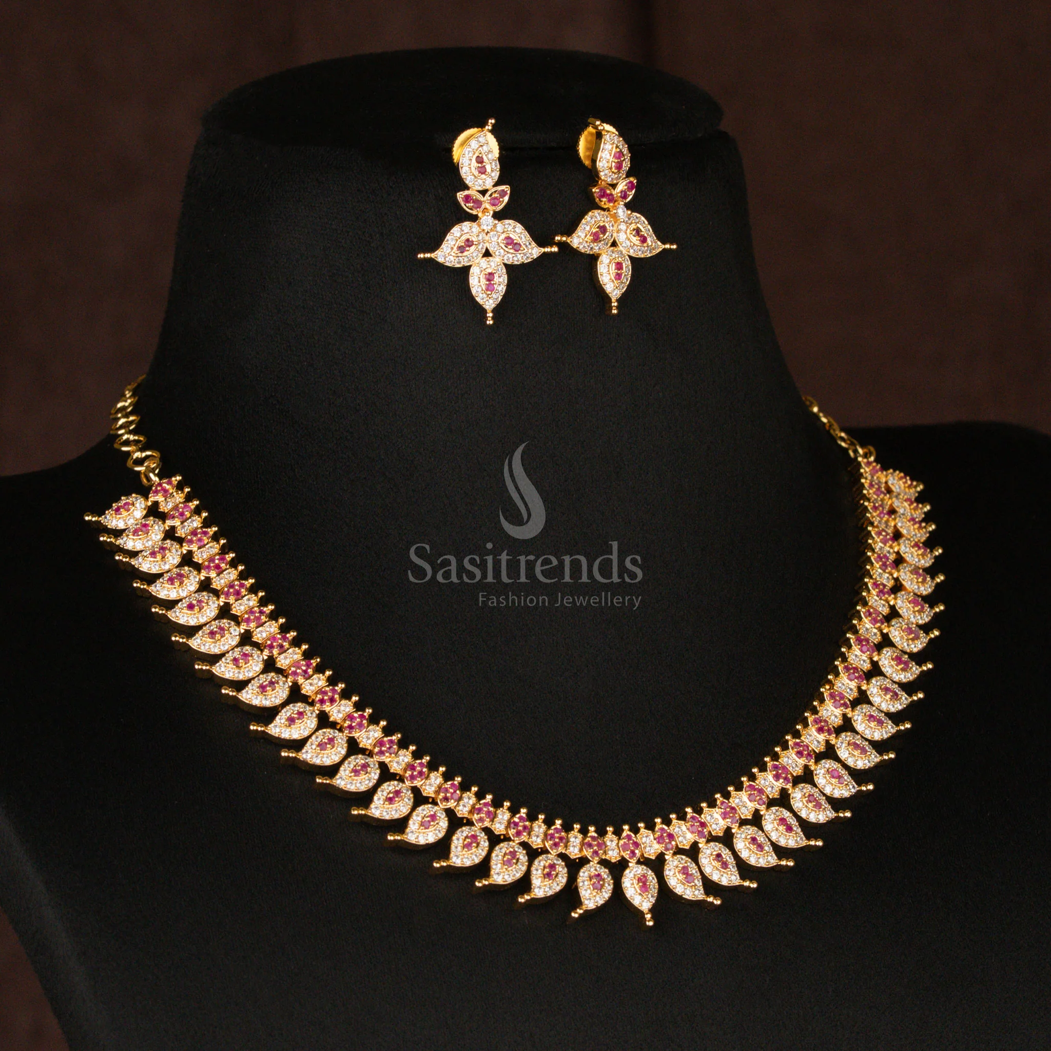 American Diamond Micro Gold Plated Leaf Mango Pattern Short & Long Haram Necklace Jewellery Set - Sasitrends - Image 7
