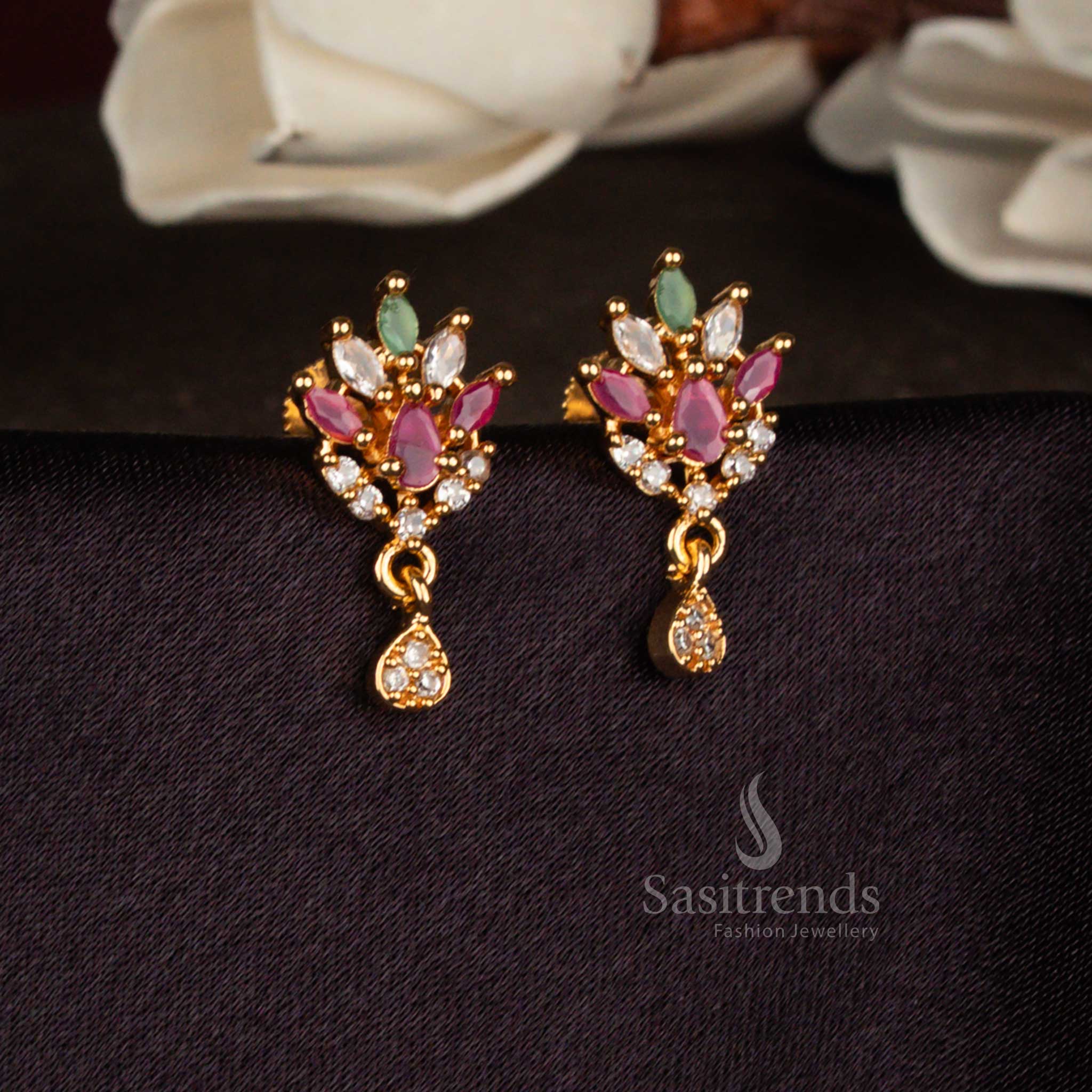 American Diamond Micro Gold Plated Lotus Teardrop Cluster Drop Stud Earrings for Functions, Celebrations & Refined Styling - Image 2