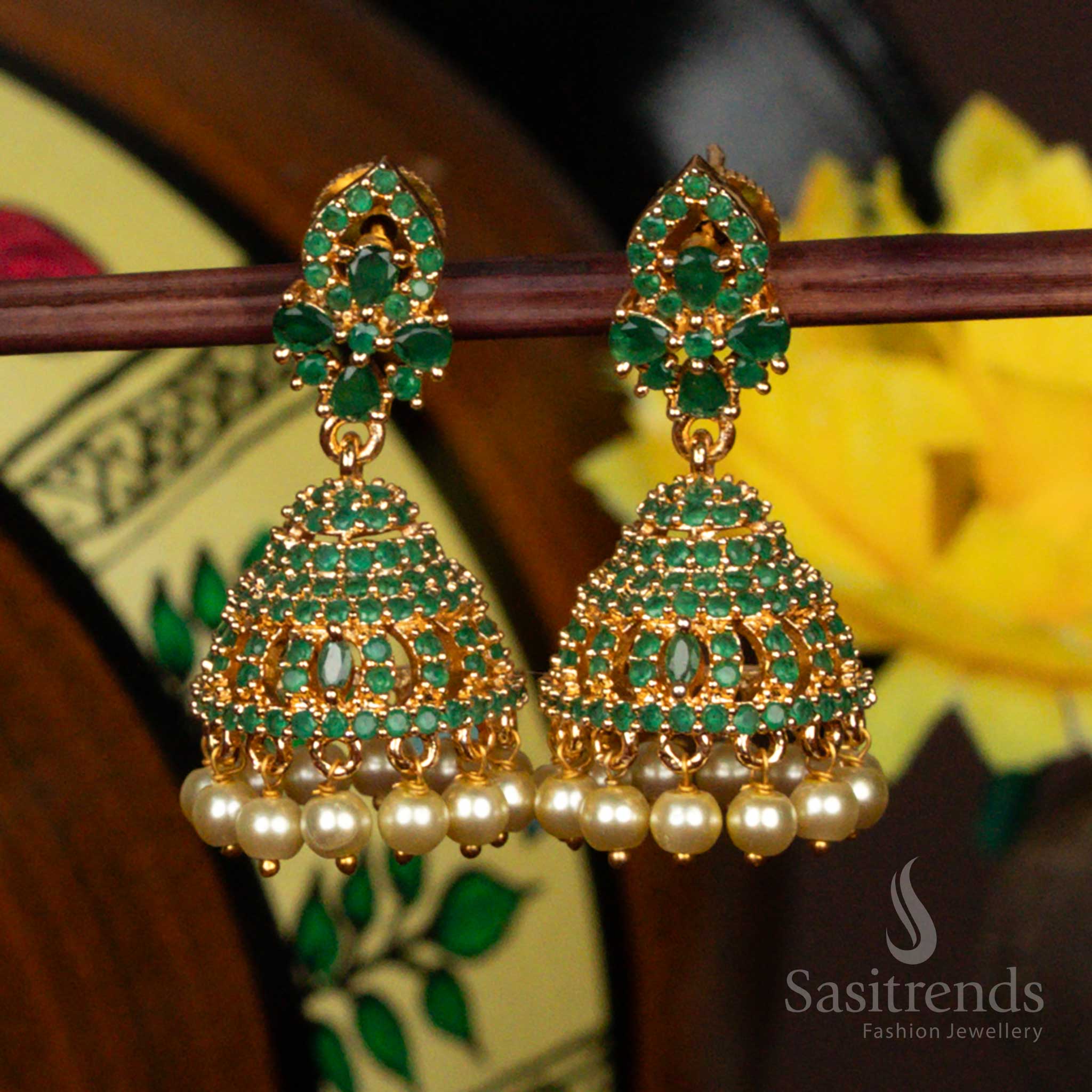 Grand American Diamond Micro Gold Plated Jhumka Earrings - Intricate Product Structure with Pearls - Sasitrends - Image 2