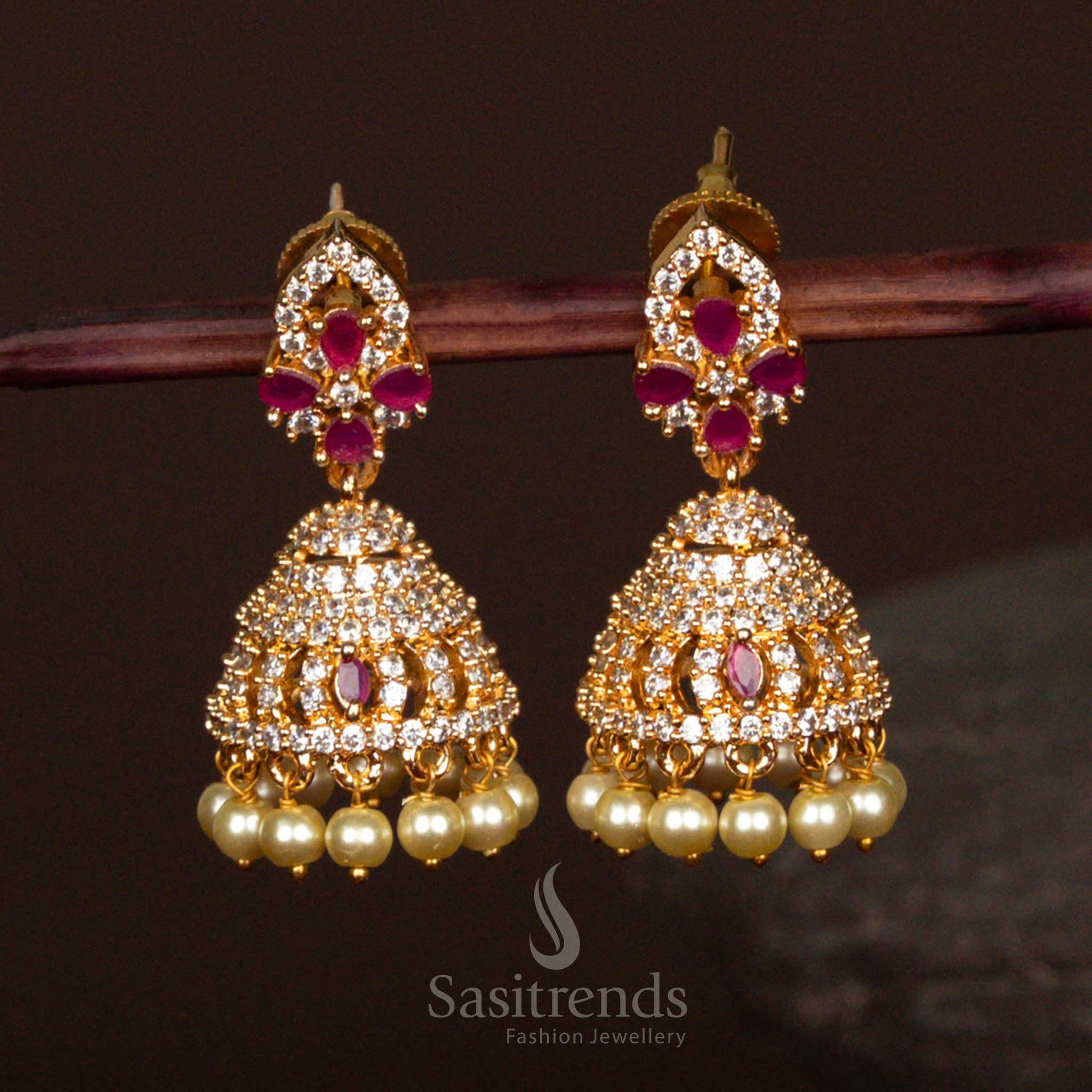 Grand American Diamond Micro Gold Plated Jhumka Earrings - Intricate Product Structure with Pearls - Sasitrends - Image 3