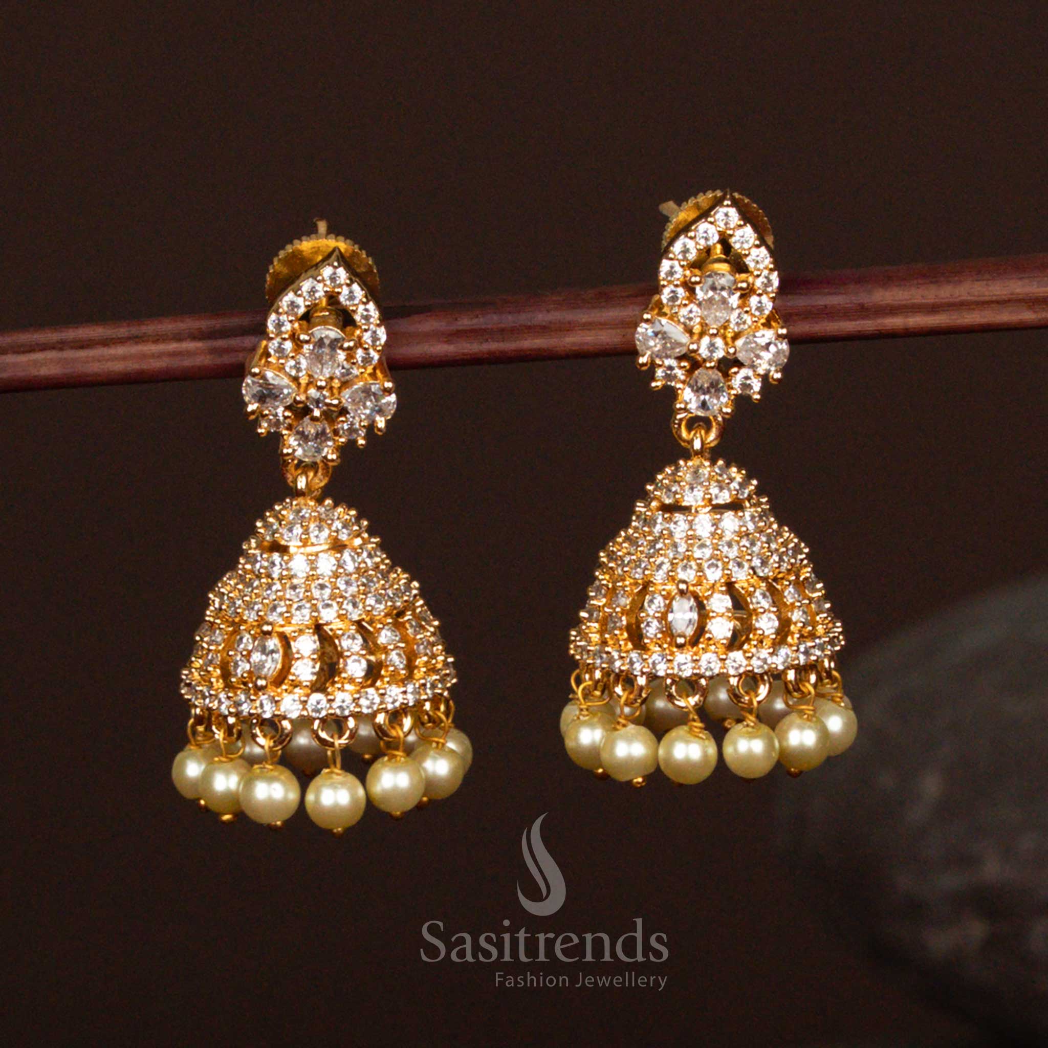 Grand American Diamond Micro Gold Plated Jhumka Earrings - Intricate Product Structure with Pearls - Sasitrends - Image 5
