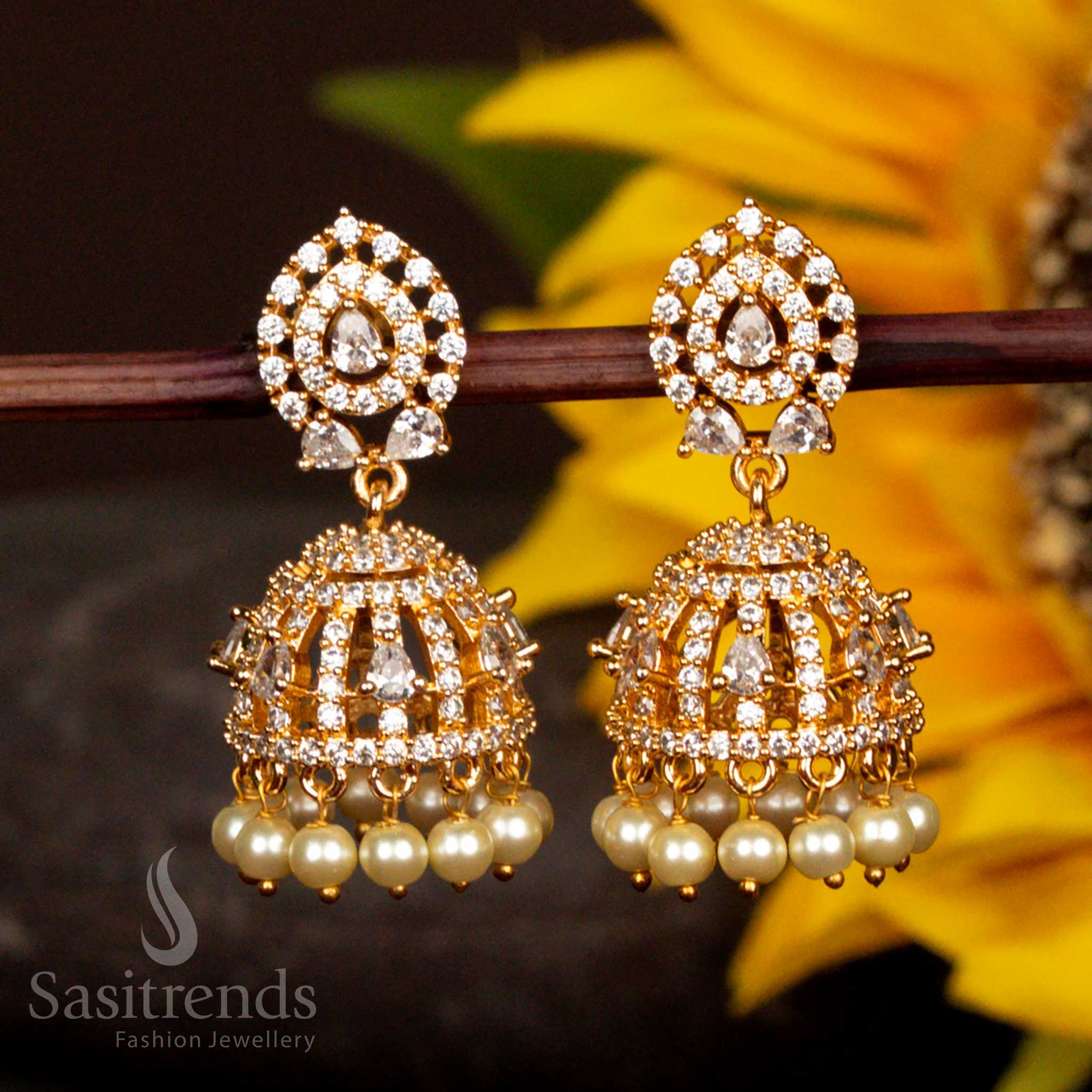 Gorgeous American Diamond Micro Gold Plated Jhumka Earrings - Segmented Design Structure with Pearls  - Sasitrends - Image 3