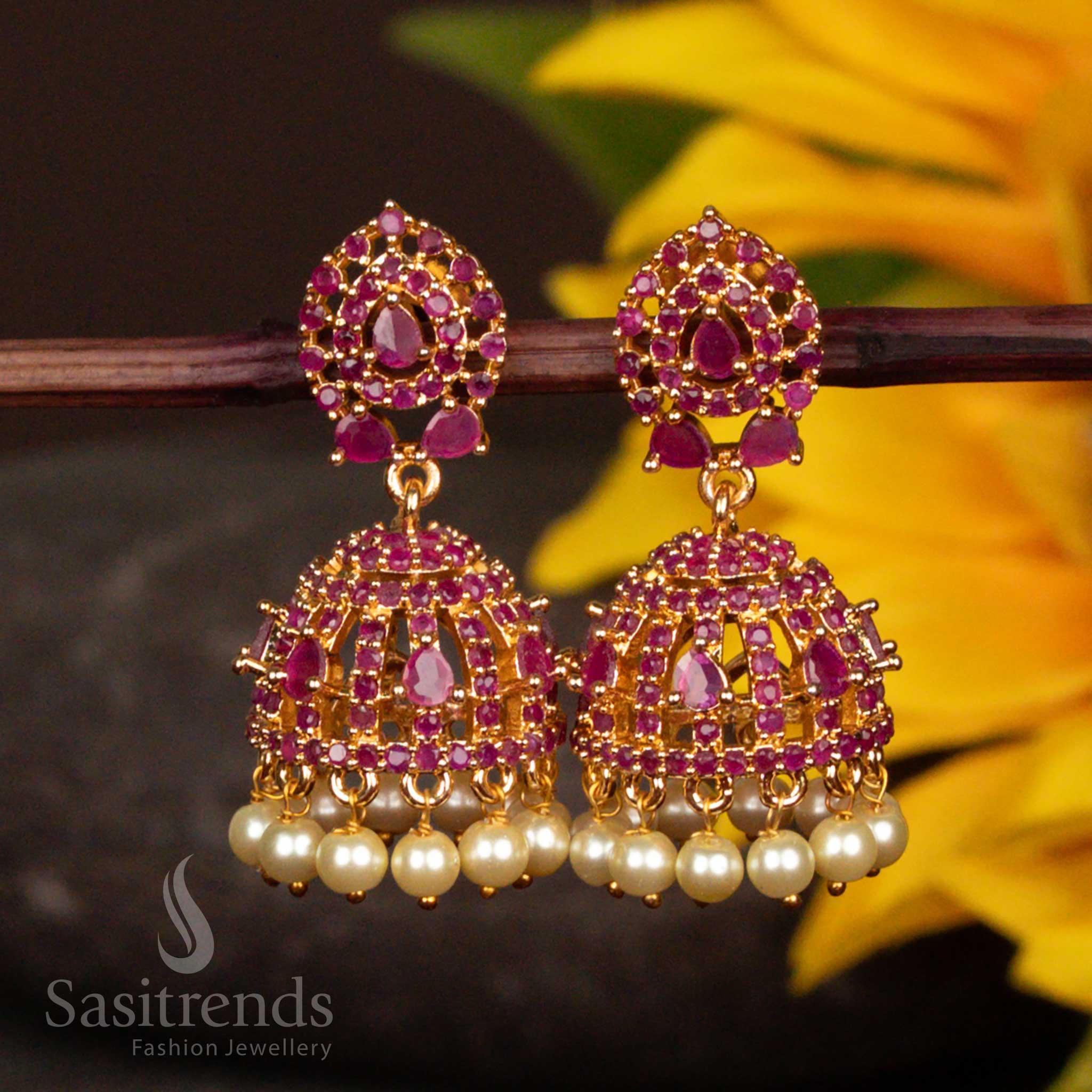 Gorgeous American Diamond Micro Gold Plated Jhumka Earrings - Segmented Design Structure with Pearls  - Sasitrends - Image 5