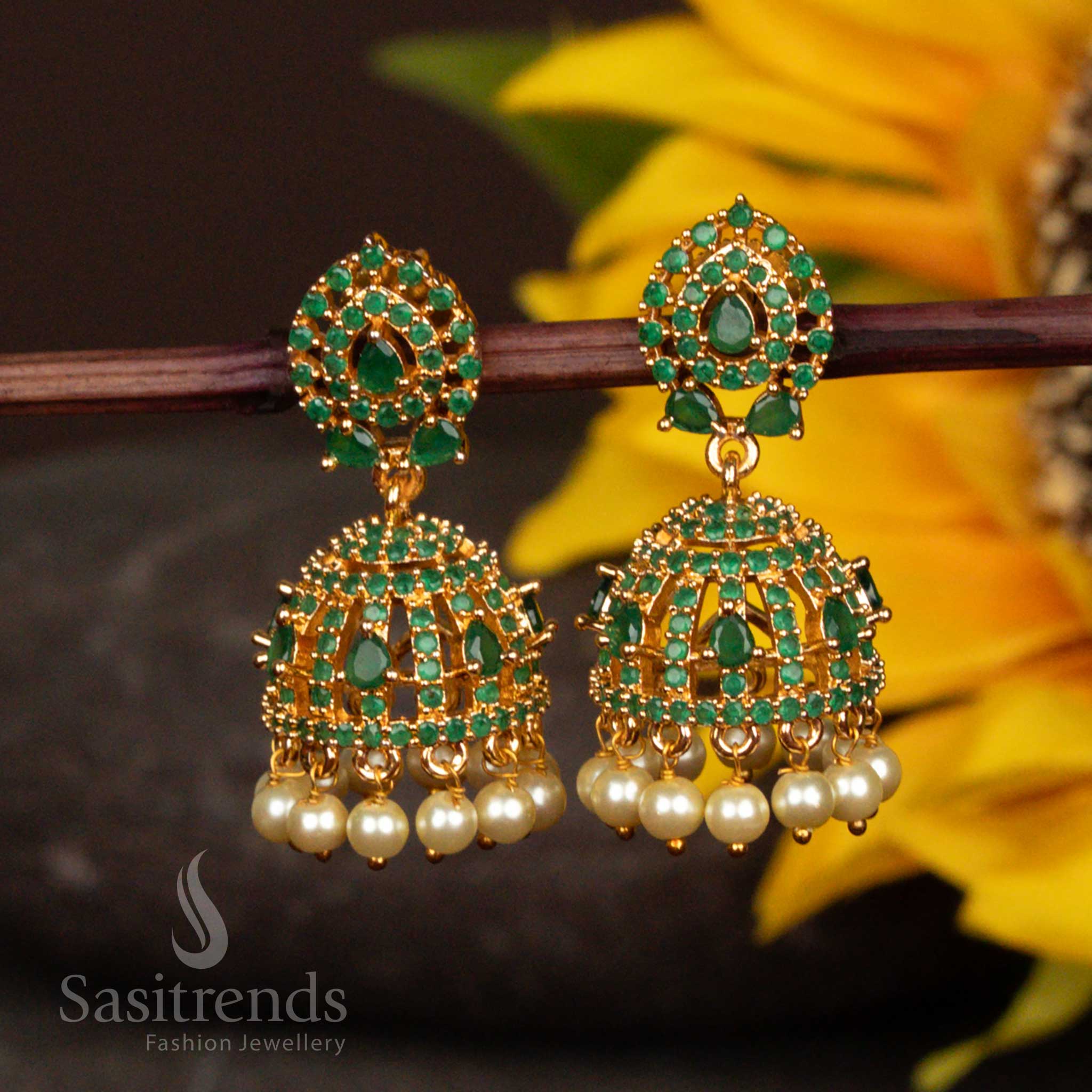 Gorgeous American Diamond Micro Gold Plated Jhumka Earrings - Segmented Design Structure with Pearls  - Sasitrends - Image 6